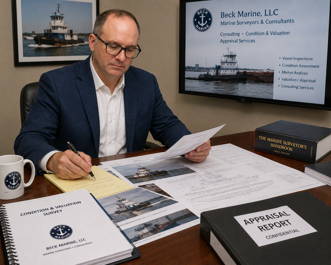 A man sitting at a desk reviewing documents related to marine vessel assessment. The desk has paperwork, a mug, and binders labeled 'Condition & Valuation Survey' and 'Appraisal Report.' Behind him is a TV screen with the logo and services of Beck Marine, LLC, and a framed photo of a tugboat on the wall.