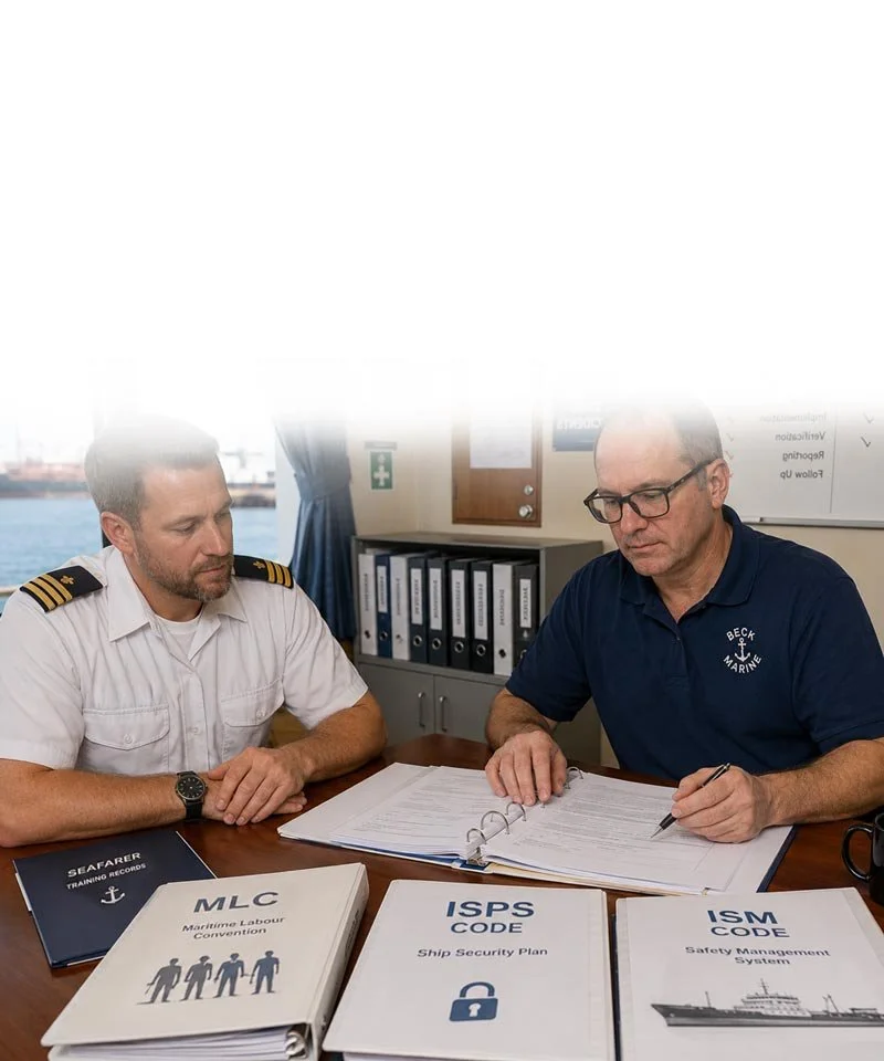 Two men, one in a naval officer uniform and the other in a navy polo, reviewing documents in an office with maritime books and files, and a window showing water outside.