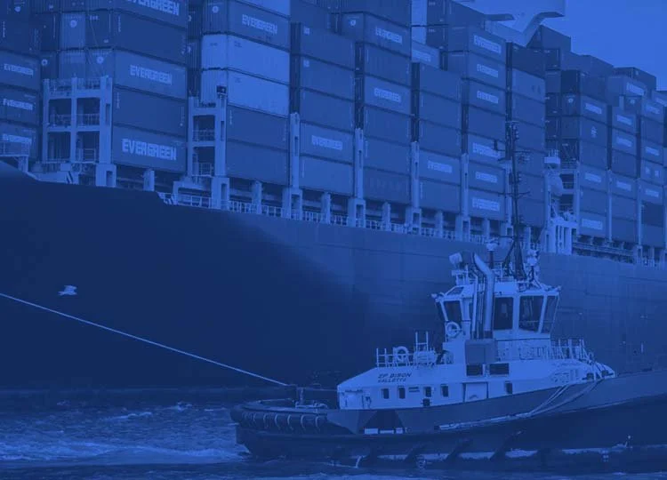 Large cargo ship with stacked containers being guided by a tugboat
