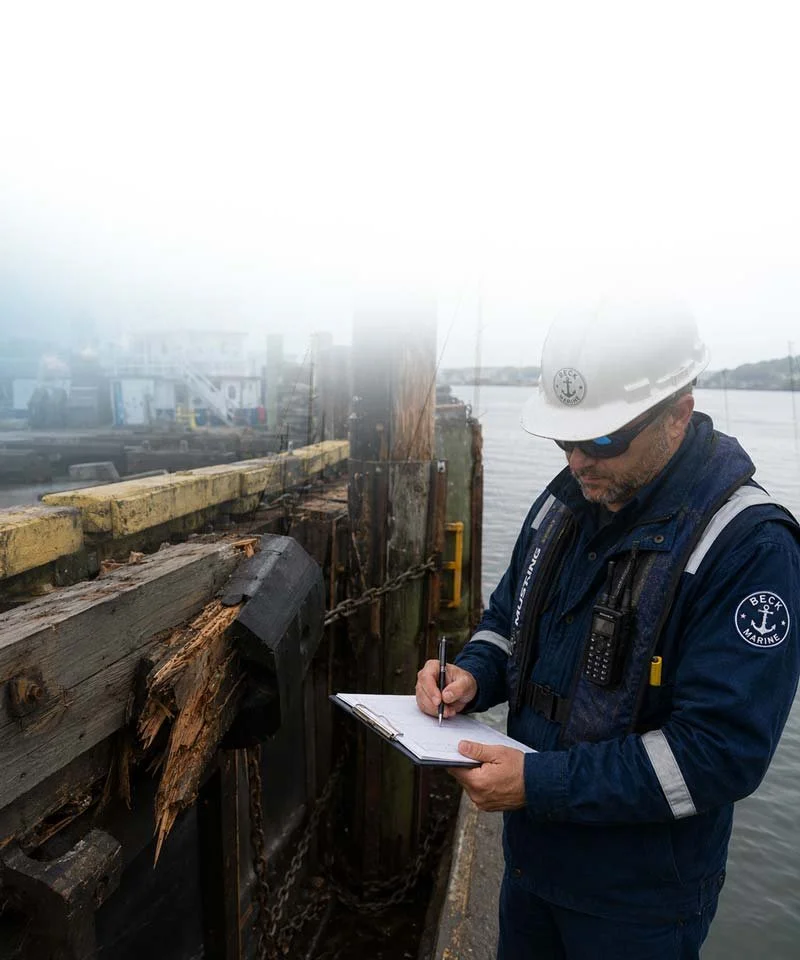 A marine worker wearing a safety helmet and reflective jacket outdoors near water, writing on a clipboard.