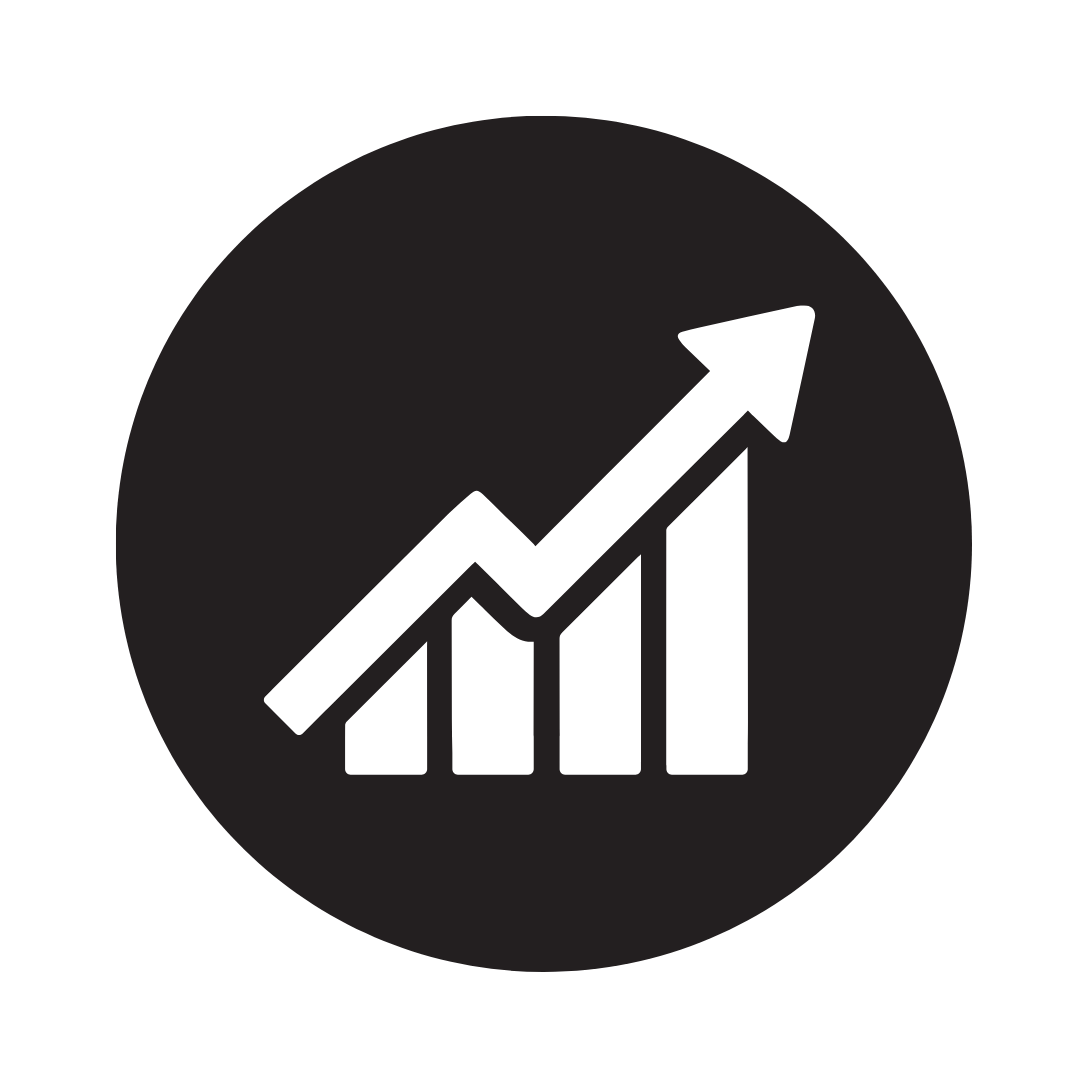 Black circle background with a white upward trending bar graph and arrow indicating growth or increase.
