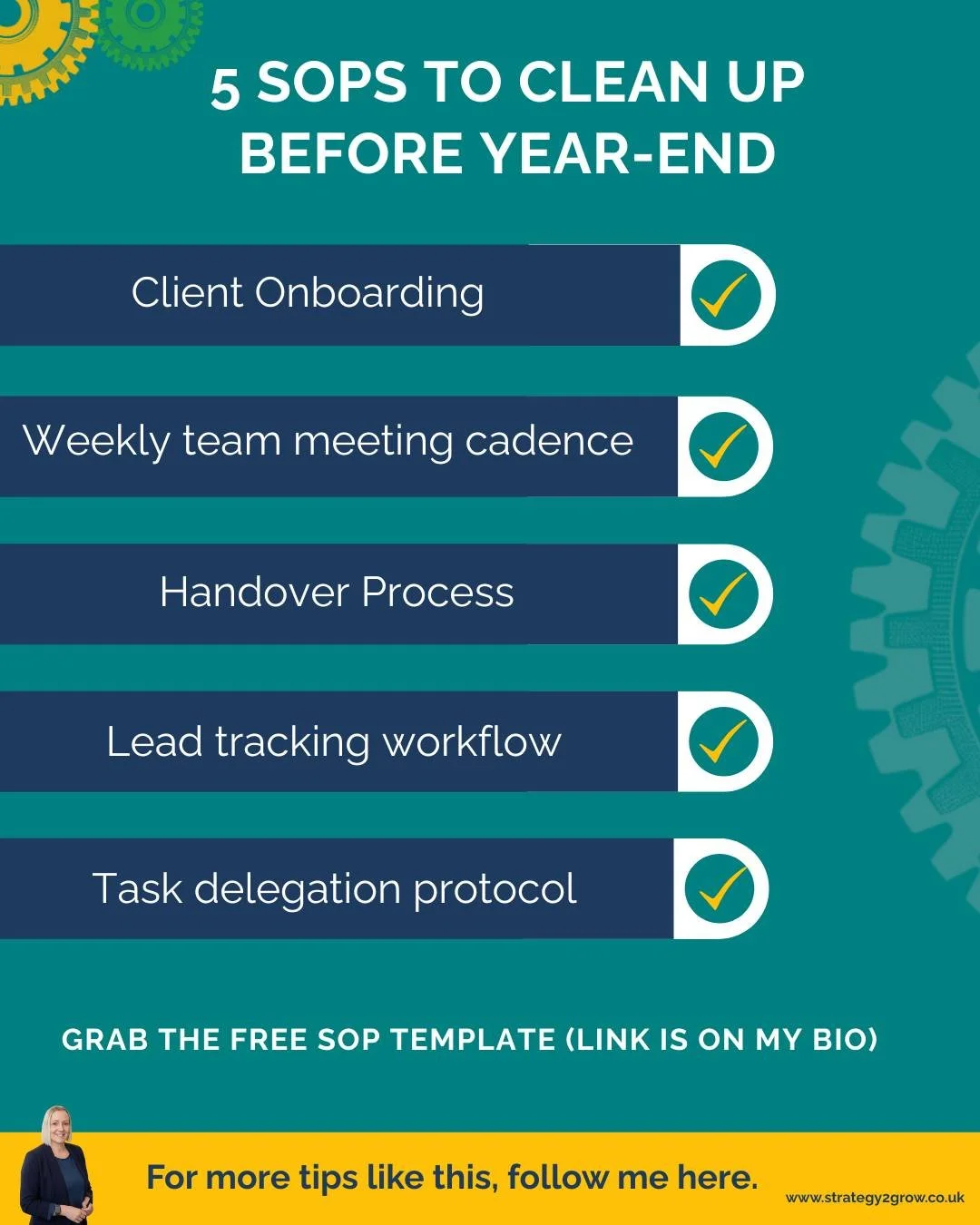 Before you log out for the year, doing a quick clean-up of these core SOPs will save you HOURS in Q1:

☑ Client onboarding
☑ Weekly team meeting cadence
☑ Handover process
☑ Lead tracking workflow
☑ Task delegation protocol

These are the highest-imp