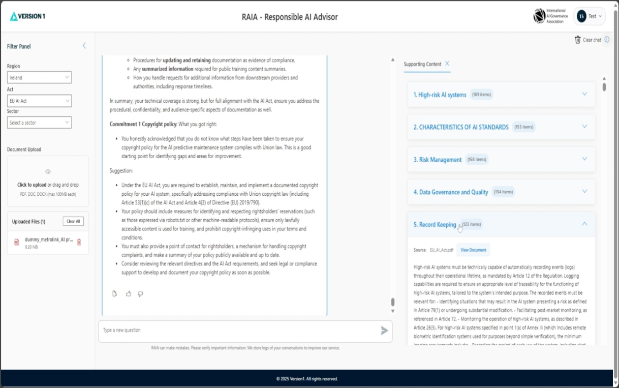 Screenshot of the RAIA tool in operation. Shows filter, advisory output and supporting content panels.