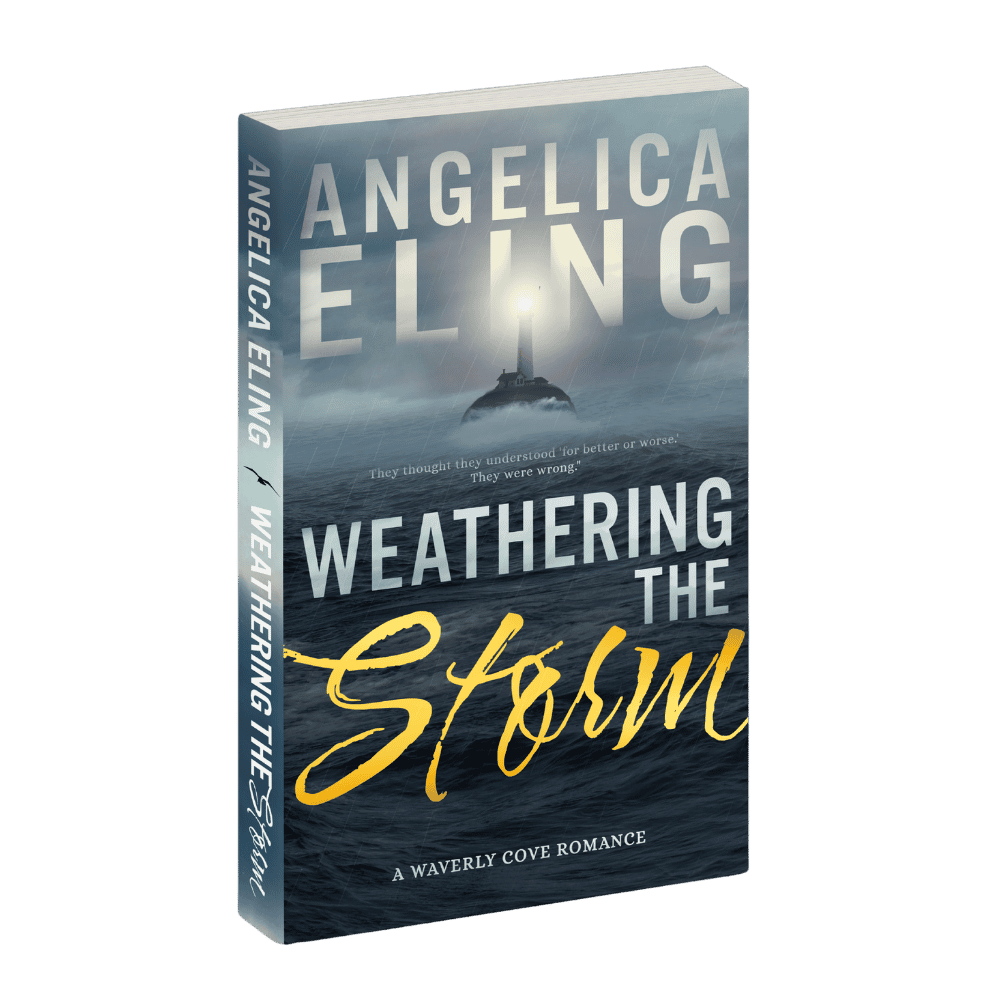 Book cover titled 'Weathering the Storm' by Angelica Eling, featuring a lighthouse on a rocky island surrounded by a stormy sea with dark clouds and rain.