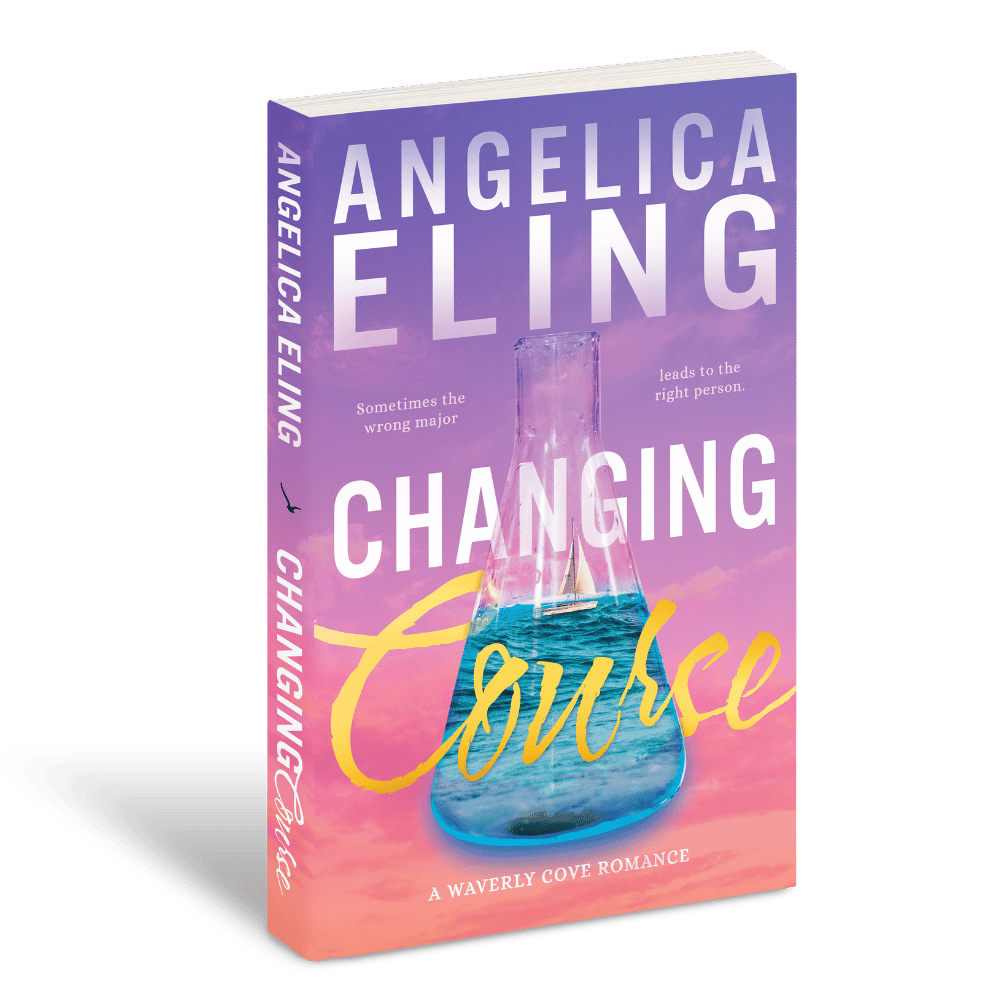 Book cover for "Changing Course" by Angelica Eling featuring a scientific glass tube filled with water, set against a pink and purple sunset sky with clouds.