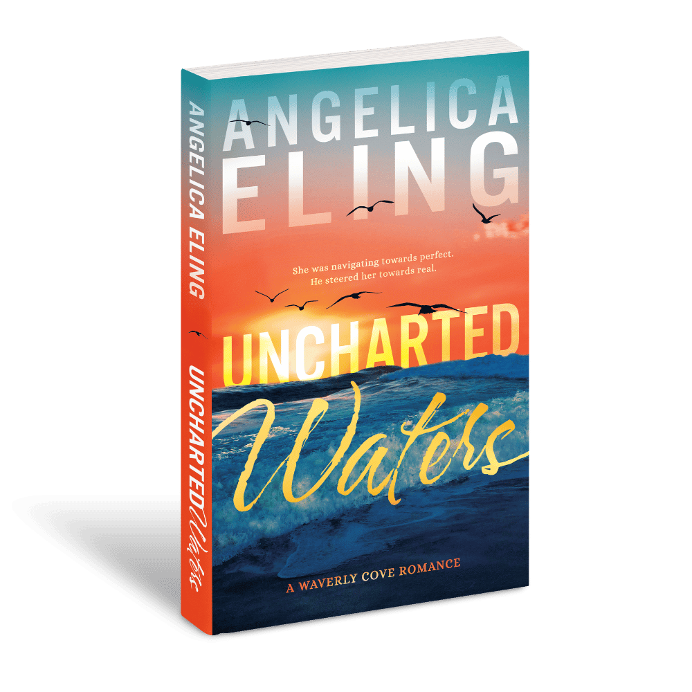 A book titled Uncharted Waters by Angelica Eling. The cover features a sunset over the ocean, with birds flying in the sky and a subtitle indicating it's a Waverly Cove romance.