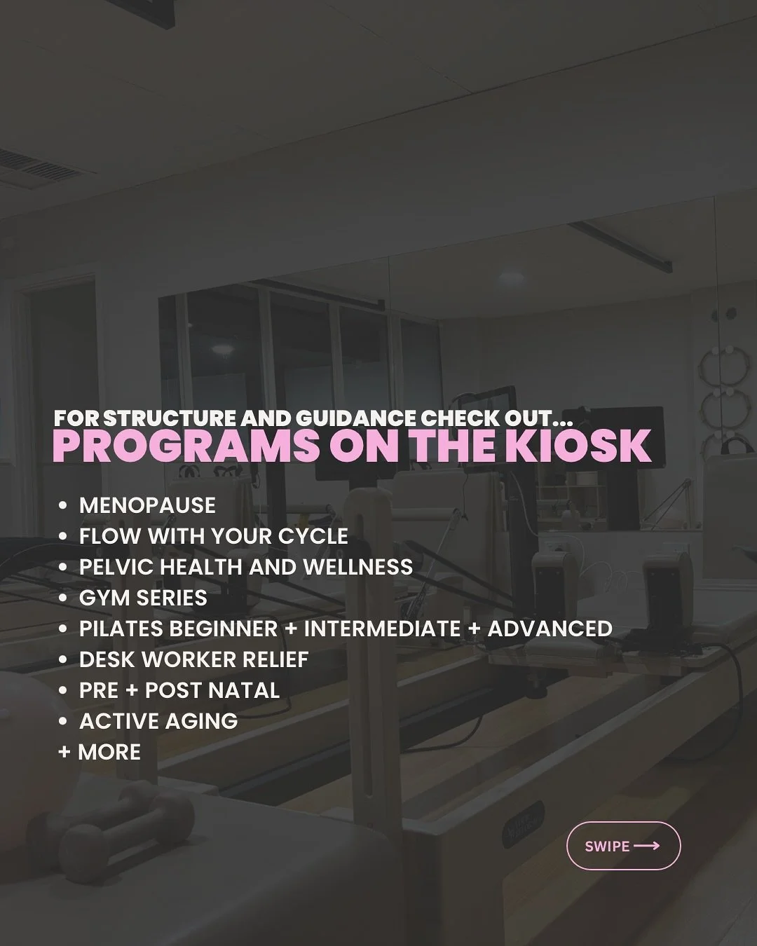 NEED SOME EXTRA GUIDANCE AND SUPPORT? 🫶🏼

Check out the Programs on the Reformer Kiosk which are hand picked specialised classes from the catalog. From Pregnancy to Desk Worker relief, there is something for everyone to follow✨

Just 4 weeks, to im