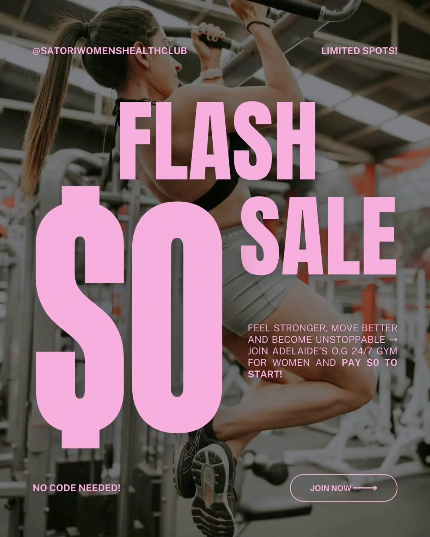 $0 FLASH SALE ➝ STARTS NOW! ⚡💪✨

Adelaide&rsquo;s O.G 24/7 gym for women is offering a $0 start, for a limited time only! (save $149) 🎉🔥

✔ 24/7 gym access
✔ Unlimited group fitness
✔ Reformer Pilates on demand
✔ Tailored personal training
✔ Women