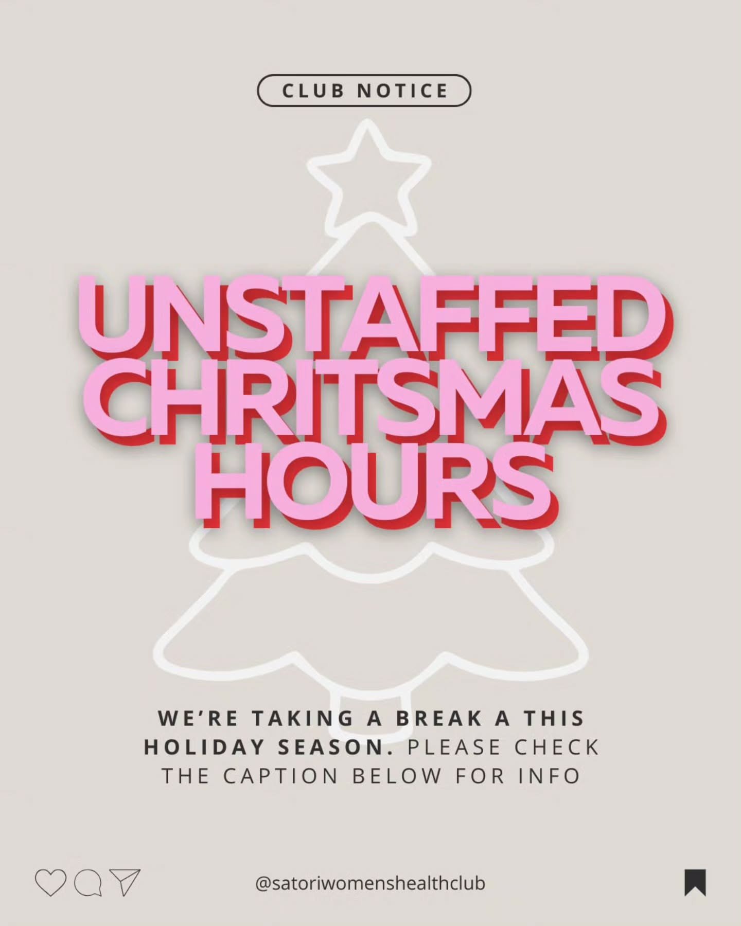 ✨ OUR HOLIDAY HOURS! ✨

Our amazing team are taking some well-deserved time off over the festive season! 🎄✨ so here are our club staffed hours for Christmas &amp; New Year 👇

22 Dec &rarr; 9:00am &ndash; 7:00pm

23 Dec &rarr; 9:00am &ndash; 5:00pm
