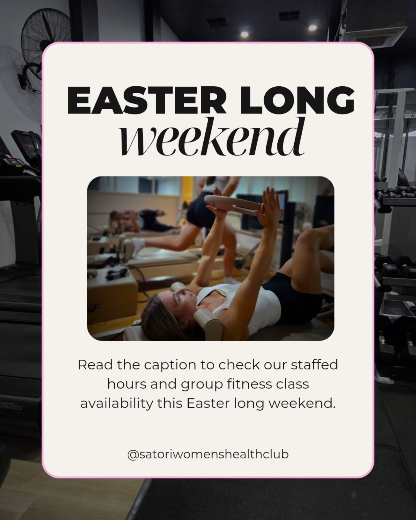 WHAT'S ON OVER EASTER 🐣🐇

Our desk will be unstaffed from Fri 3rd &ndash; Mon 6th of April, but don&rsquo;t worry, we&rsquo;ve got you covered 👇

✔️ GYM 💪 24/7 access for members
✔️ REFORMER 🧘&zwj;♀️ 24/7 access for studio members
✔️ CLASSES 🤸&