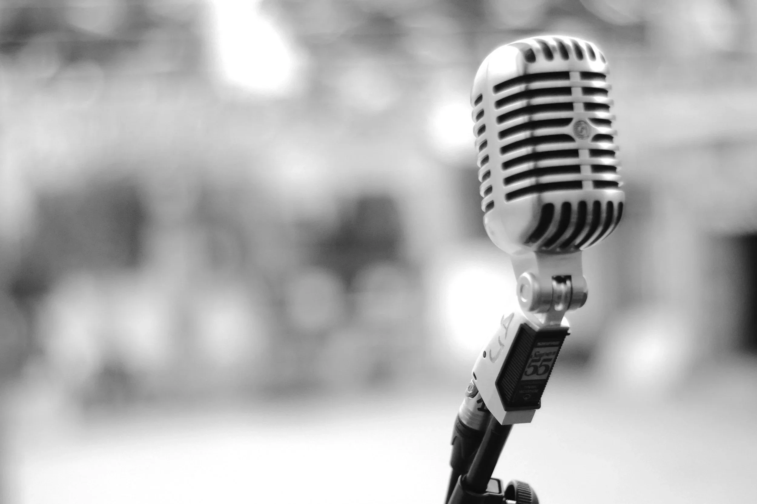black and white photo of a large microphone