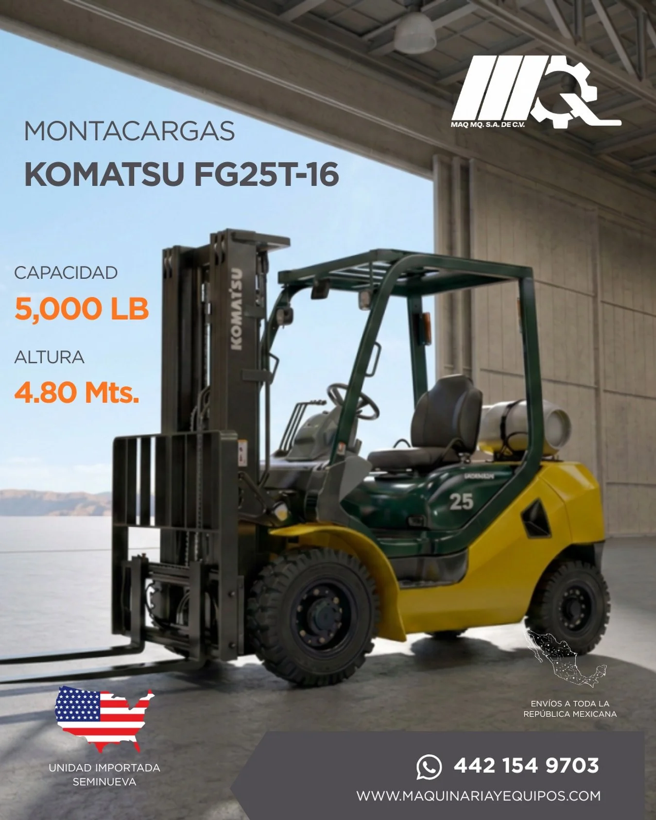 Optimiza la productividad de tu operaci&oacute;n con el nuevo Komatsu FG25ST-16, disponible ahora en preventa exclusiva.

✅ Komatsu FG25ST-16
✅ Capacidad de carga: 5,000 lb (2.5 toneladas)
✅ Altura de elevaci&oacute;n: 4.80 metros

Cont&aacute;ctanos
