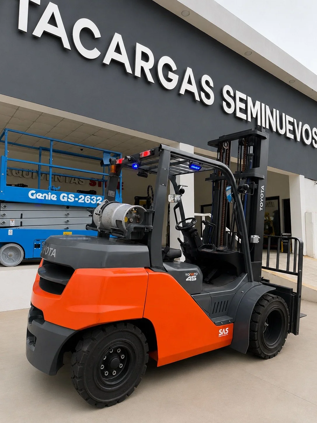 Montacargas de color naranja y negro estacionado frente a un edificio con cartel que dice 'Tacargas Seminuevos' y una plataforma azul en el fondo.