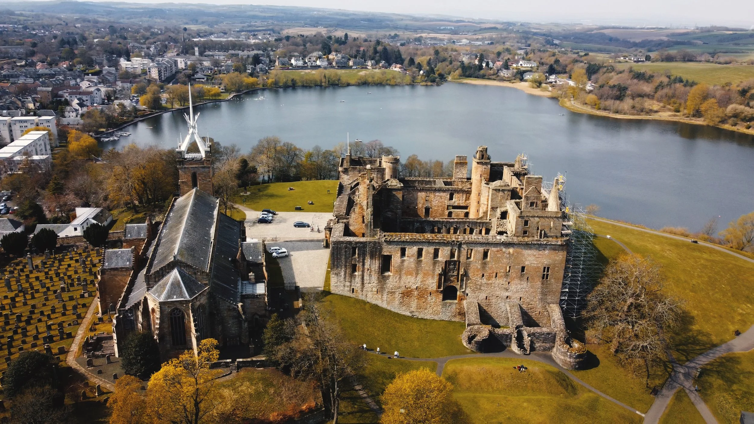 Linlithgow Palace, Linlithgow Loch with Linlithgow town in the distance