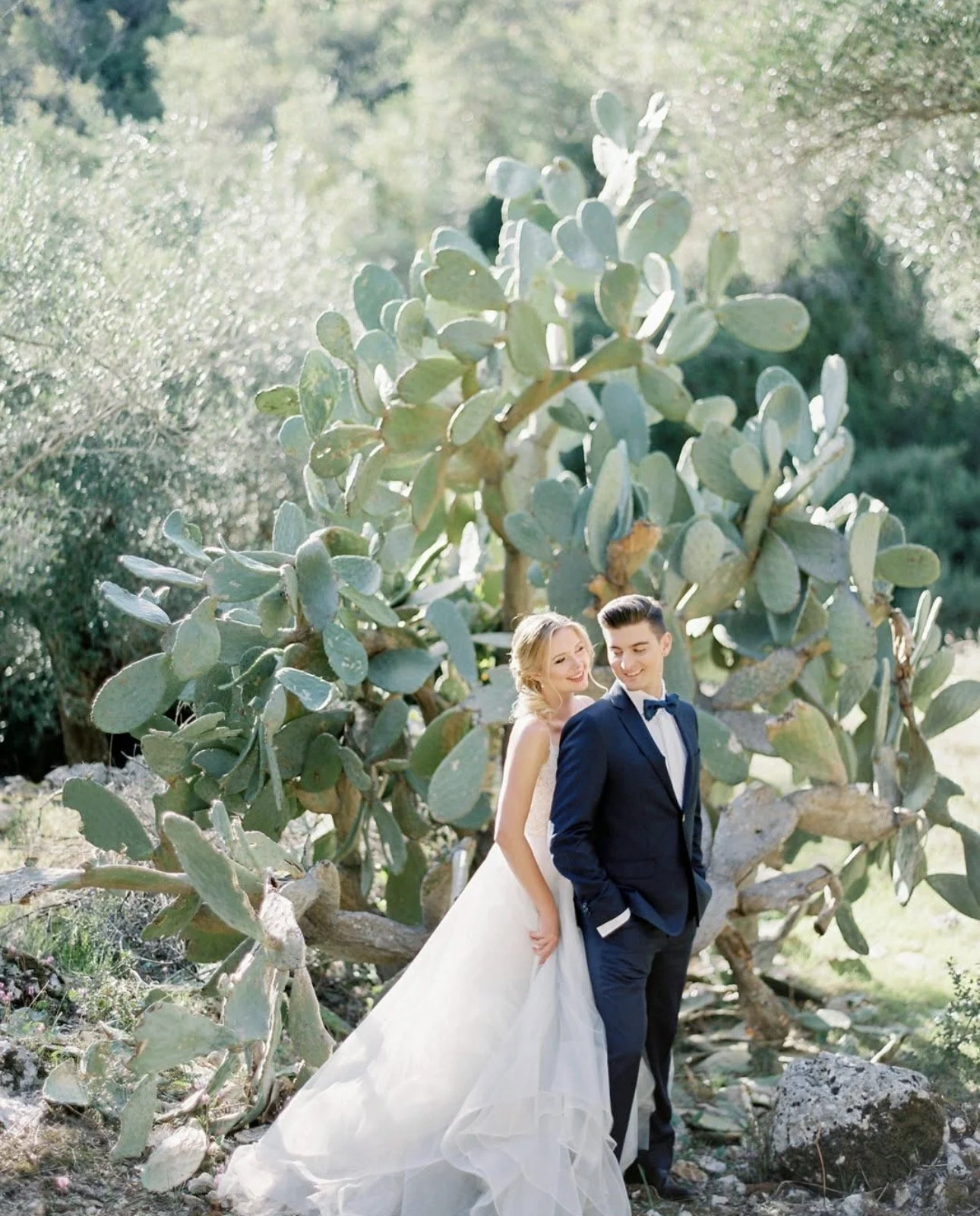 A bride and groom posing outdoors in front of a large cactus, with sunlight filtering through the trees.
