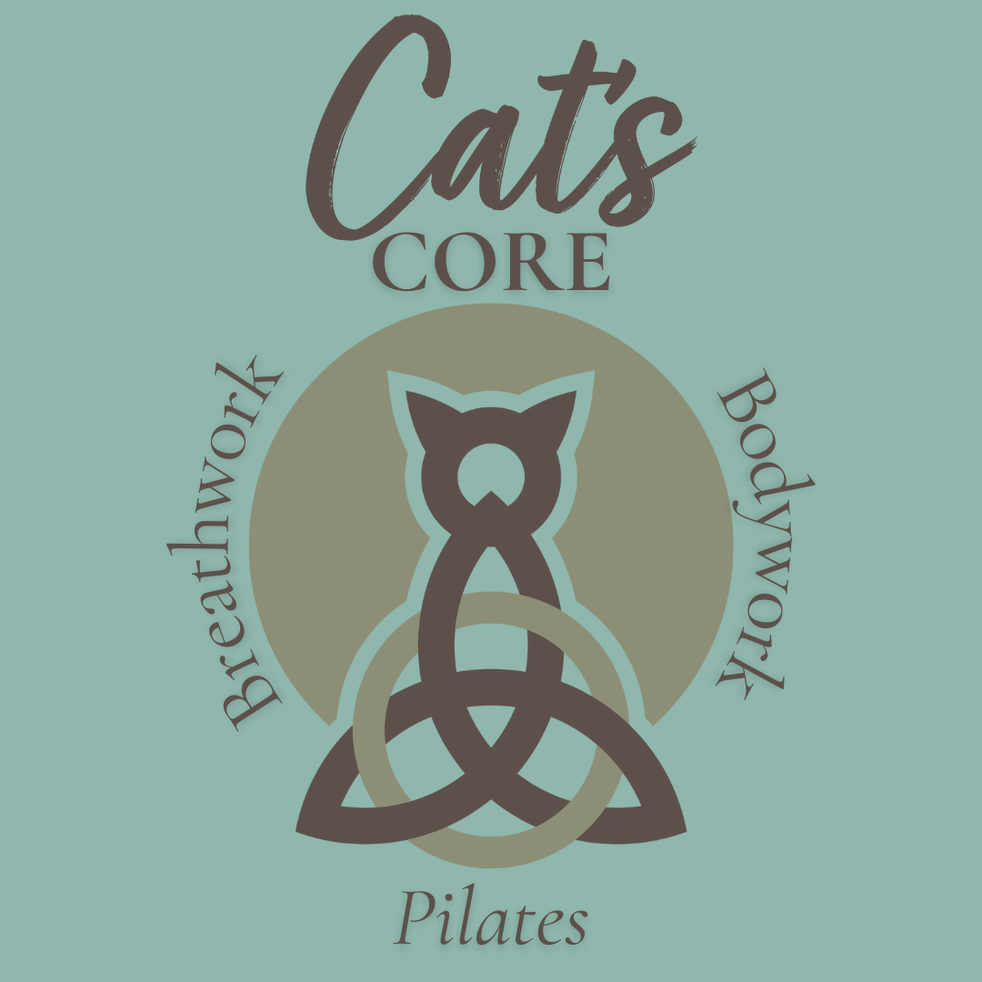 A logo for Cats Core Pilates featuring a stylized cat silhouette integrated with a Celtic knot design against a teal background, with text indicating focus on breathwork, bodywork, and Pilates.