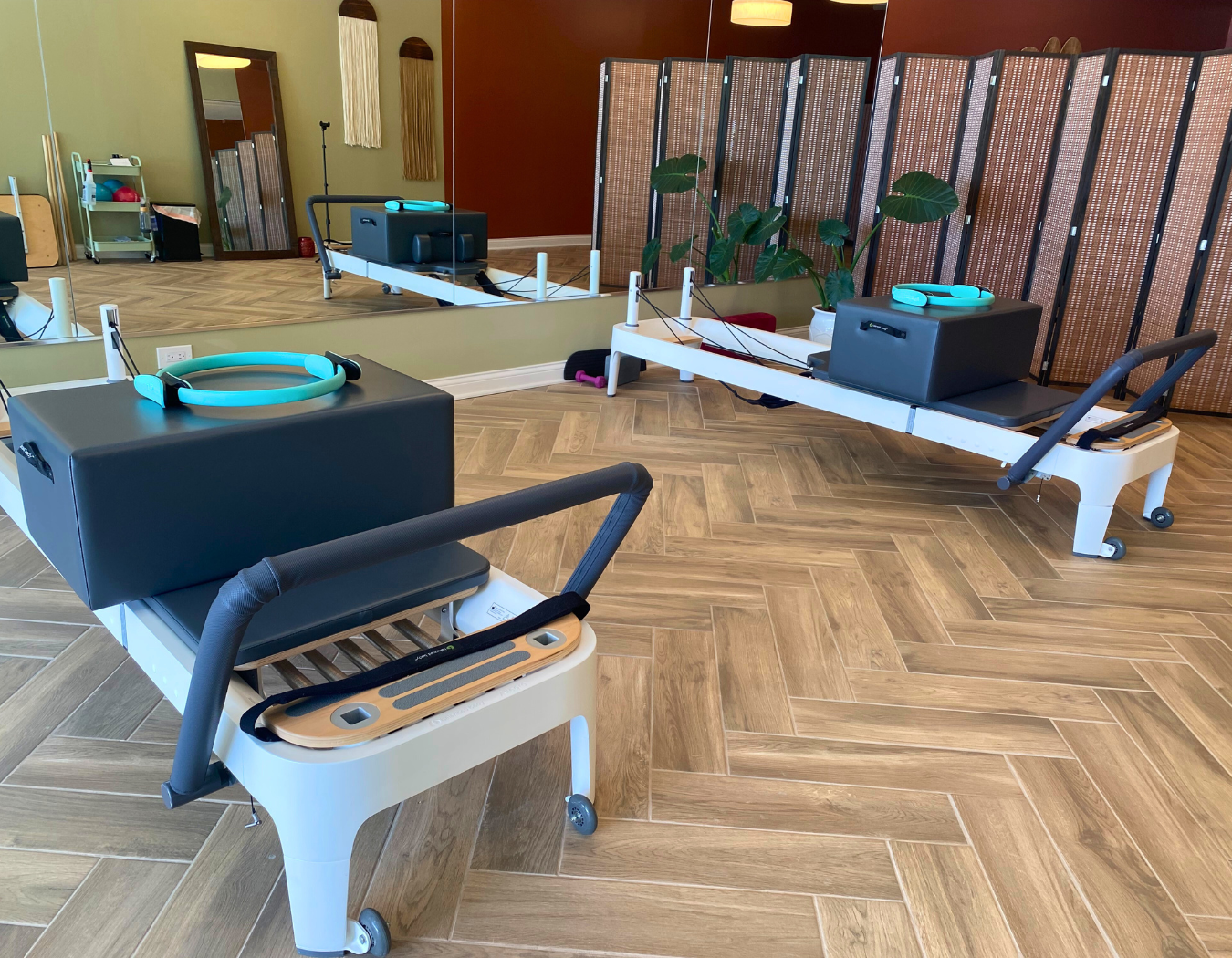 Indoor physical therapy clinic with reformer Pilates equipment, mirrors, a plant, and woven room dividers.