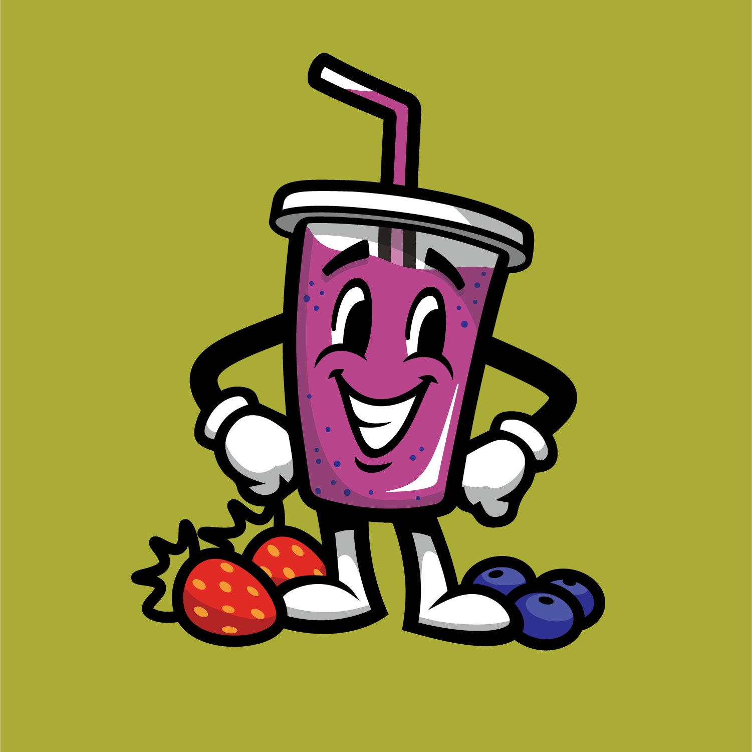 A cartoon character of a purple smoothie in a cup with a straw, smiling and standing with hands on hips, surrounded by strawberries and blueberries.