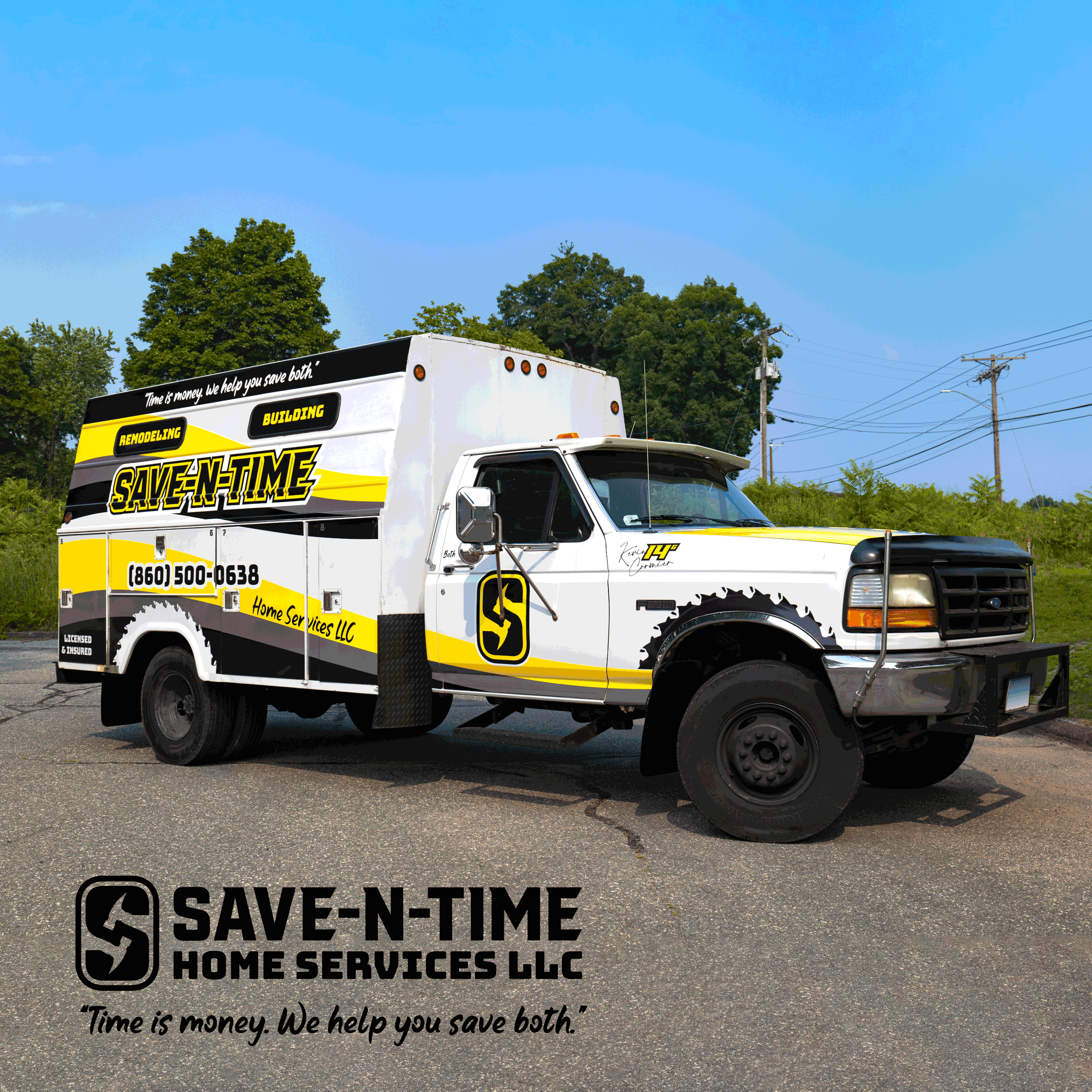 A white and black service truck for Save-N-Time Home Services LLC parked on a paved road, with green trees and utility poles in the background. Text on the truck indicates remodeling and building services, along with a phone number. The company's log