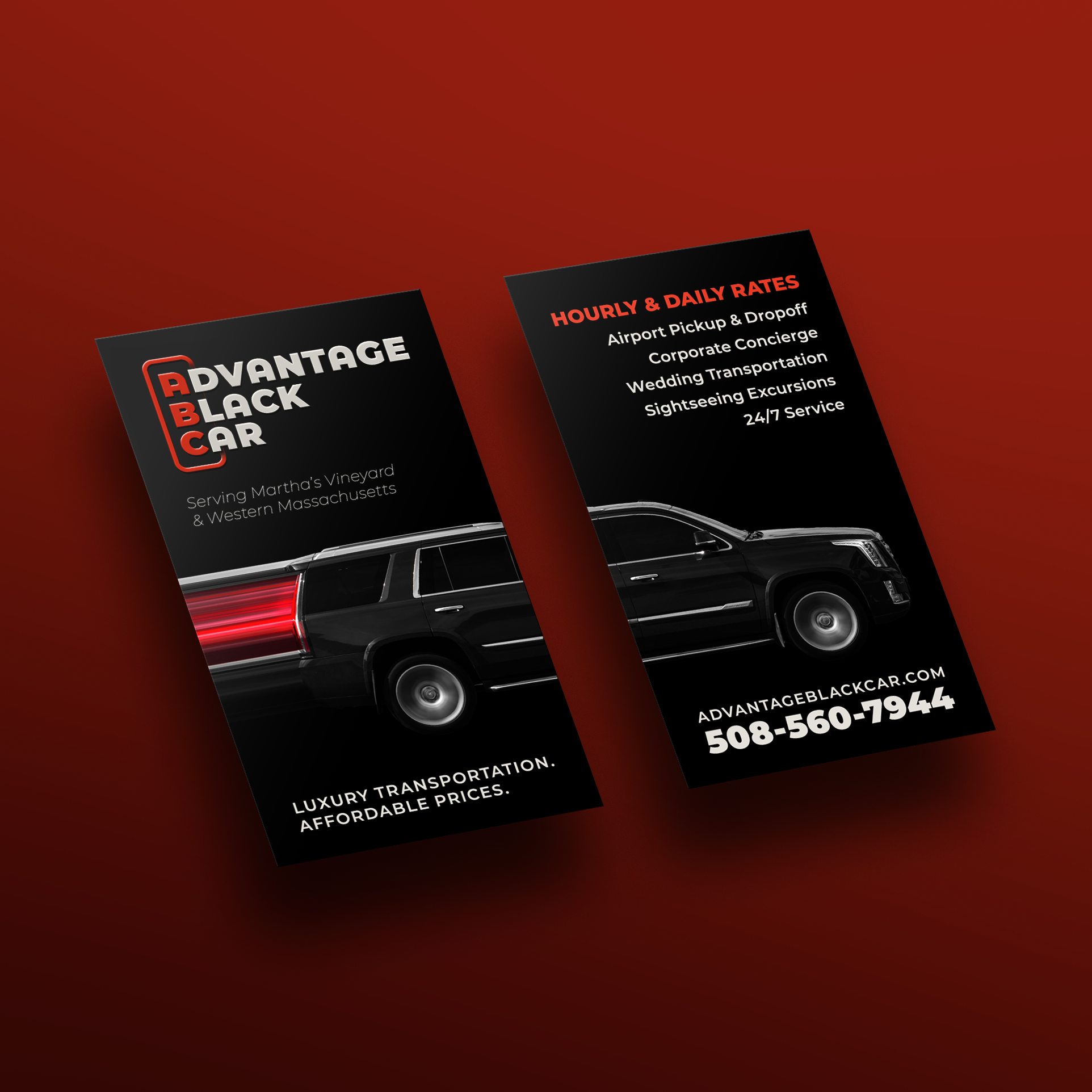 Black business cards for Advantage Black Car service, featuring a sleek black SUV, with text about hourly and daily rates, services offered, website, and phone number, on a red background.