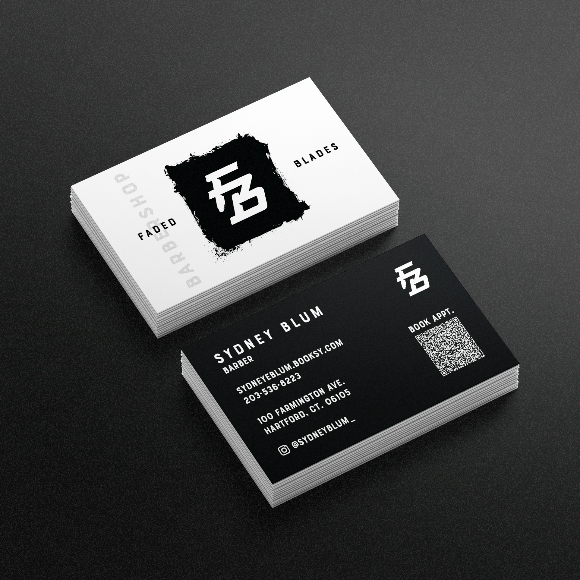 Stack of black and white business cards for a barber named Sydney Blum, featuring a logo with stylized initials, contact information, and a QR code for booking appointments.