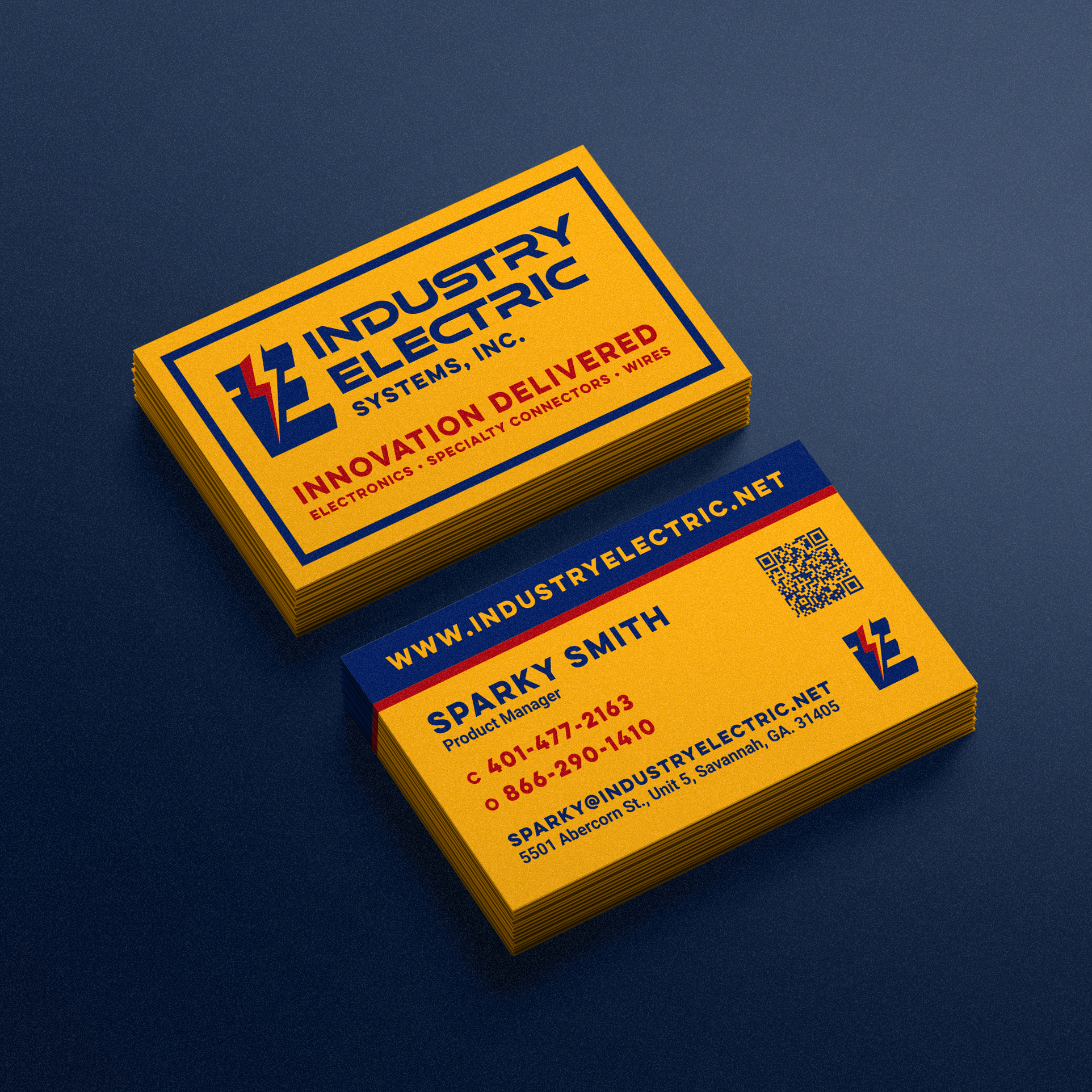 Stack of yellow and blue business cards for Industrial Electric Systems, Inc. featuring contact information and a logo with a lightning bolt.