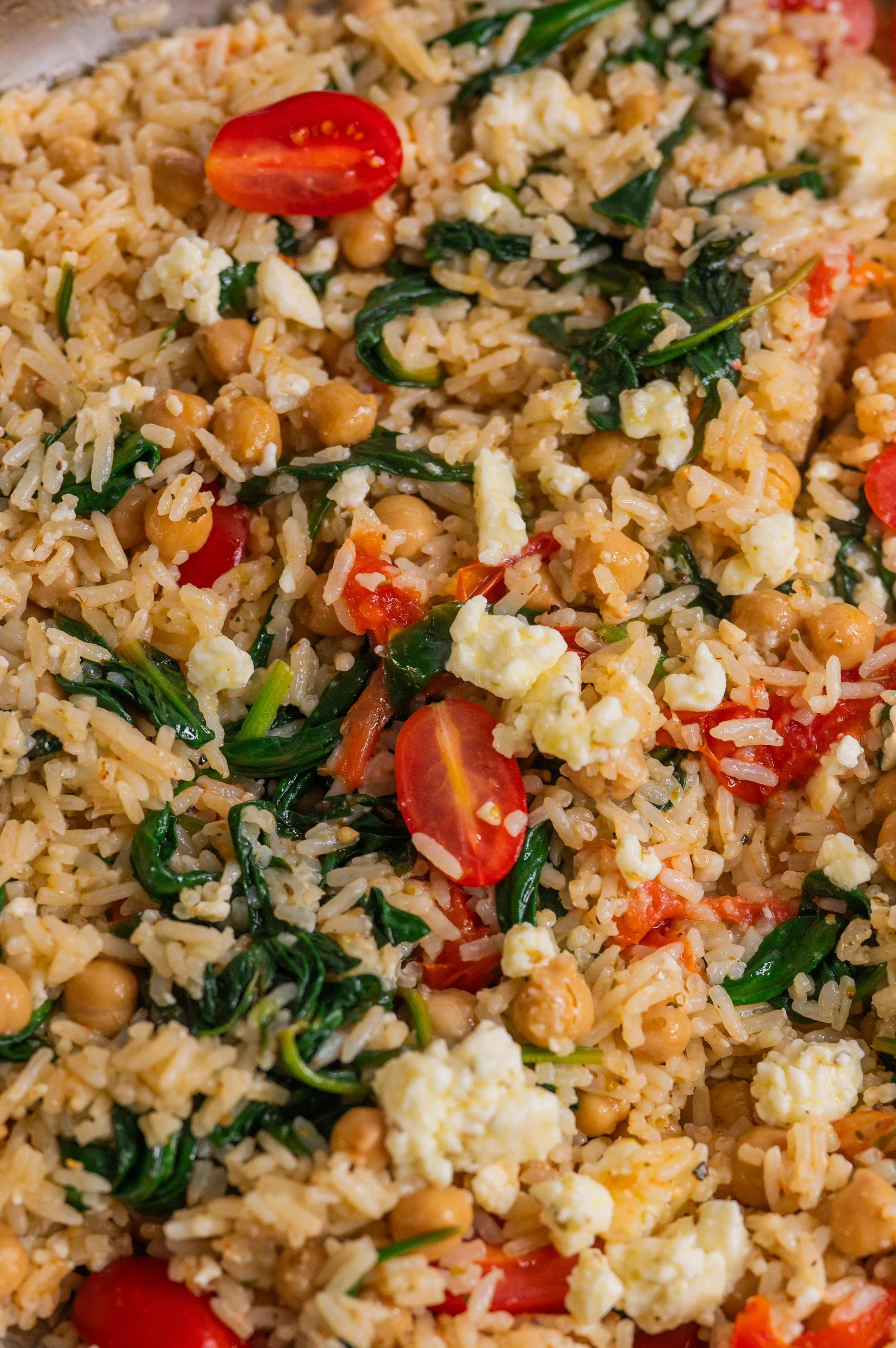Mediterranean Lemon Rice with Chickpeas, Spinach, Tomatoes, and Feta