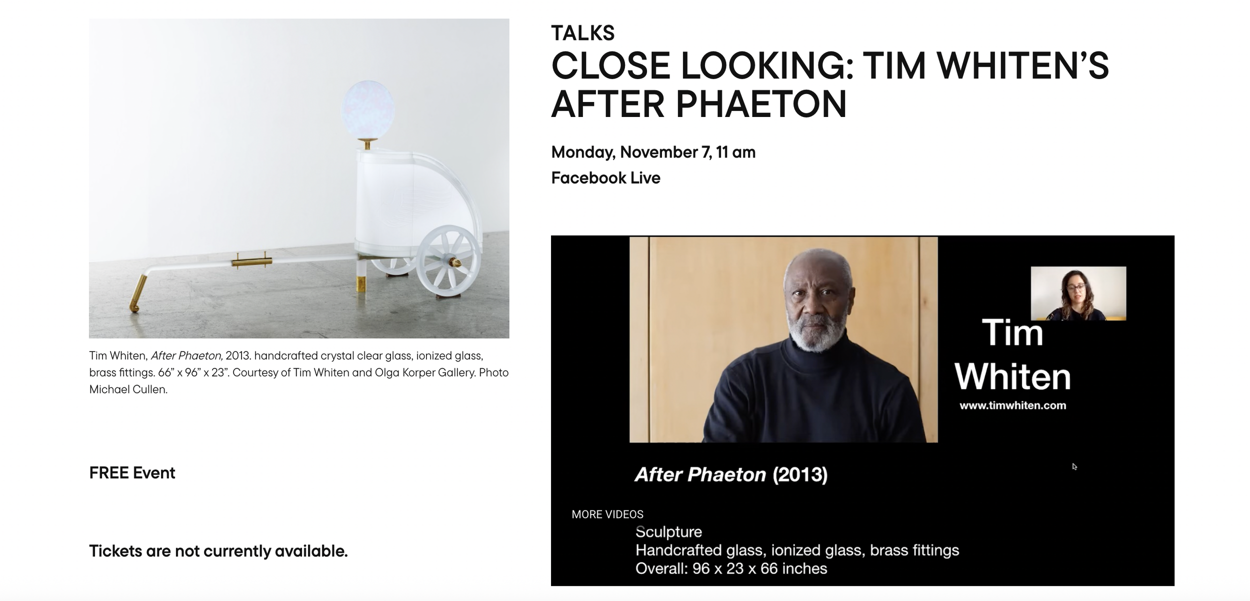 Online deep dive about the sculptural glass work "After Phaeton", by Canadian artist Tim Whiten, presented by the Art Gallery of Ontario.  November 7, 2021