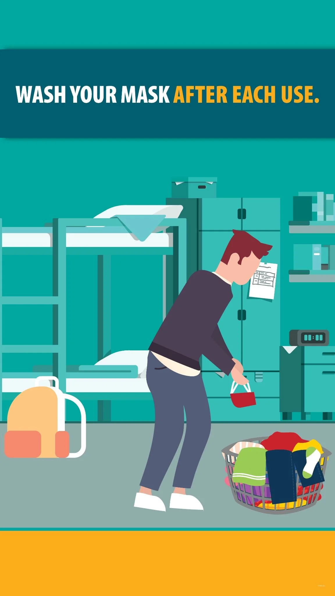 A college student cleaning up his dorm room, incorporating mask washing into his routine. 