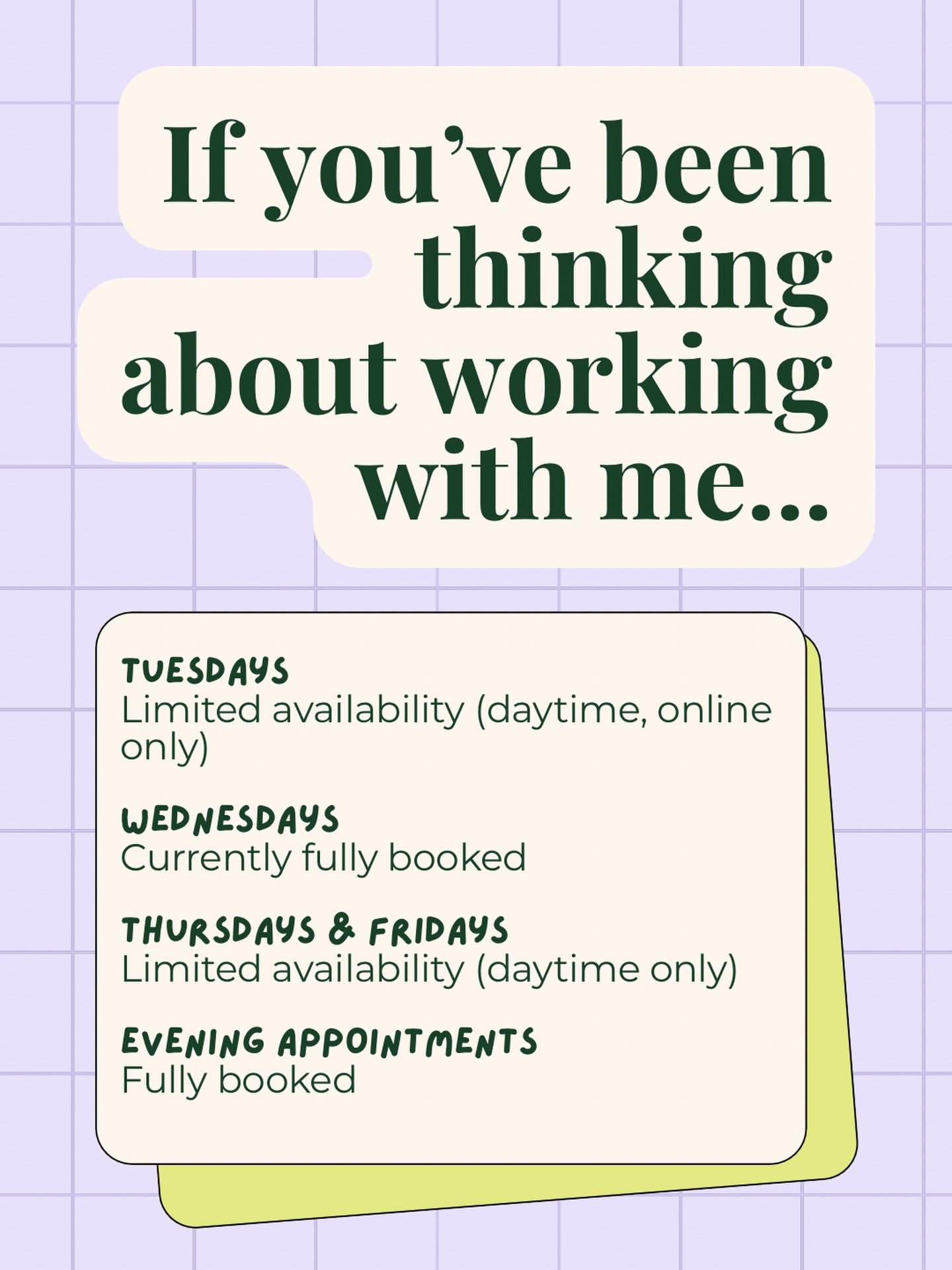 A little update on my current availability&hellip;

Firstly, thank you! Whether you&rsquo;ve booked in, recommended me to a friend, shared my posts or simply followed along here, I&rsquo;m super grateful. 

At the moment my diary is looking like this