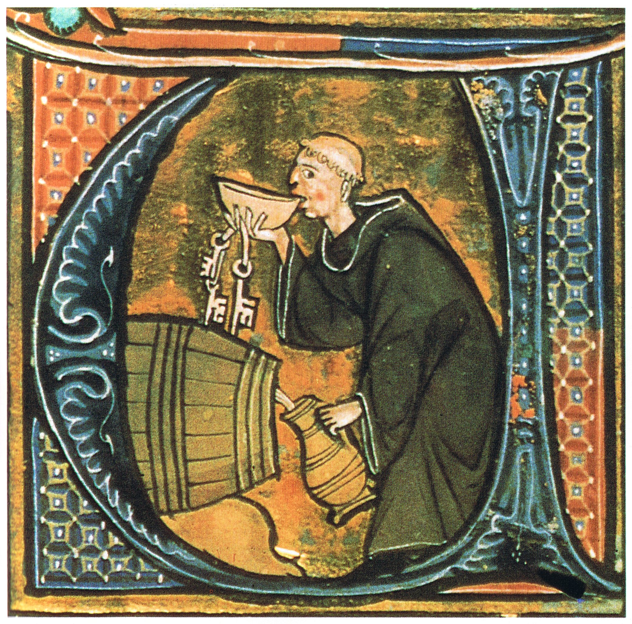 A medieval illuminated manuscript portrait of a man smoking a pipe, with a background of gold leaf and intricate blue and orange decorative borders.