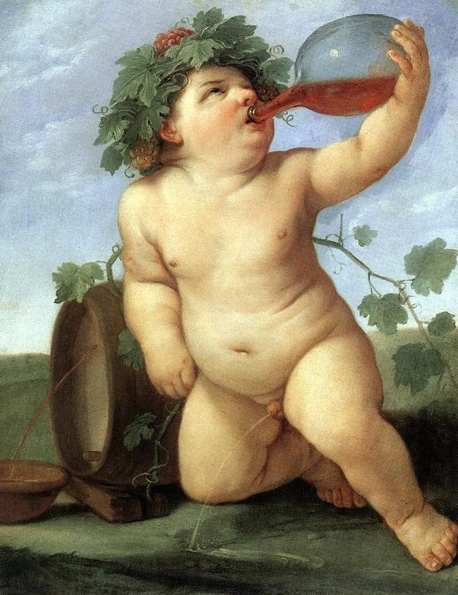 A painting of a cherubic, chubby boy with a leaf crown, drinking from a large glass flask, with grapes and vine leaves surrounding him.