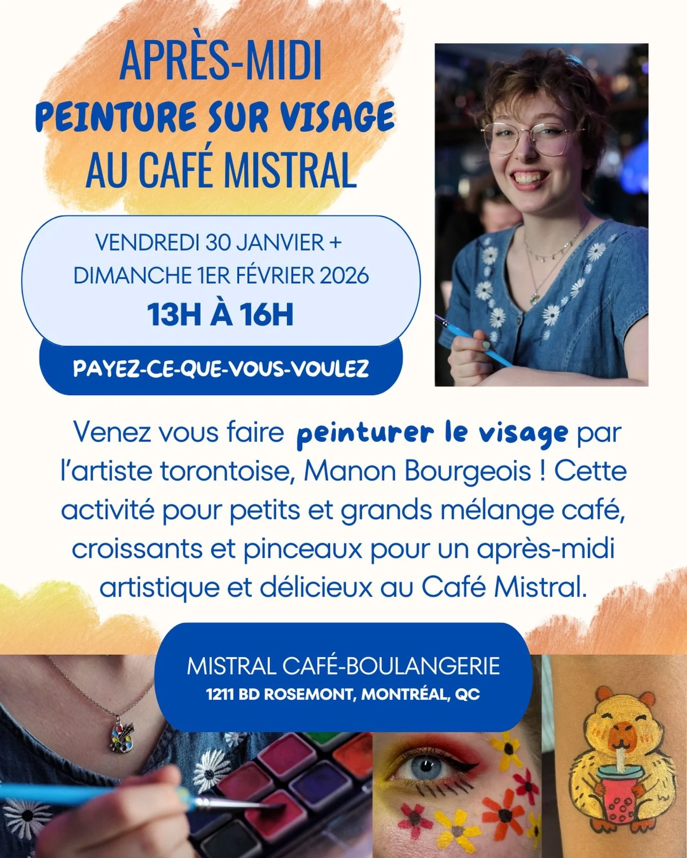 Deux apr&egrave;s-midi &laquo;&nbsp;Peinture sur visage&nbsp;&raquo; au Caf&eacute; Mistral @mistral_cafe_montreal 🎨☕️

Quel plaisir de pouvoir amener mes pinceaux lors de mon passage &agrave; Montr&eacute;al ! J&rsquo;ai h&acirc;te de vous retrouve