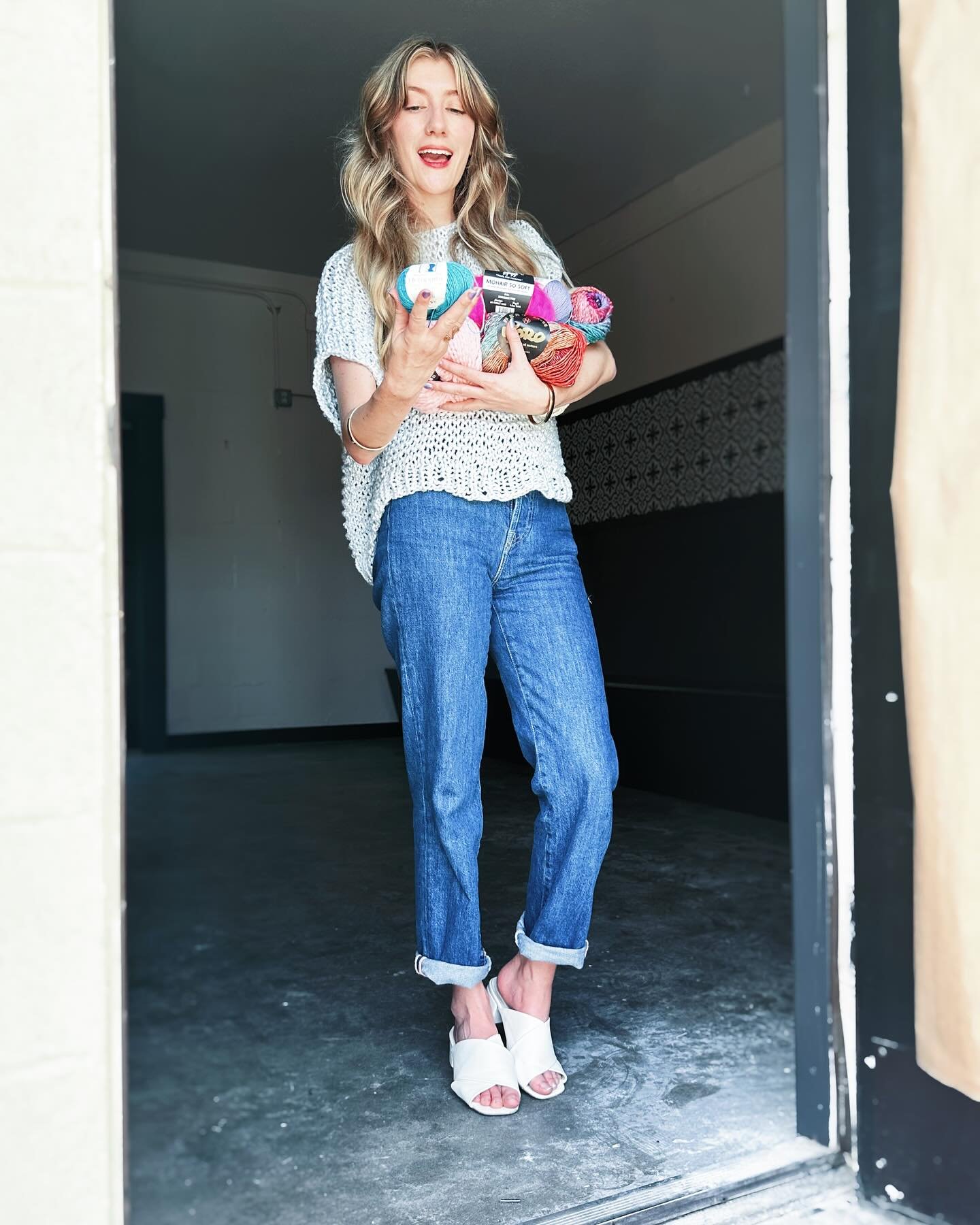 Me, holding too much yarn? Never. 🧶
 I&rsquo;m wearing the Boxy Lady Top from Loopy Mango, knit in their dreamy Summer yarn ☁️

I didn&rsquo;t make this one myself, it was generously gifted by Loopy Mango as a store sample so you&rsquo;ll be able to