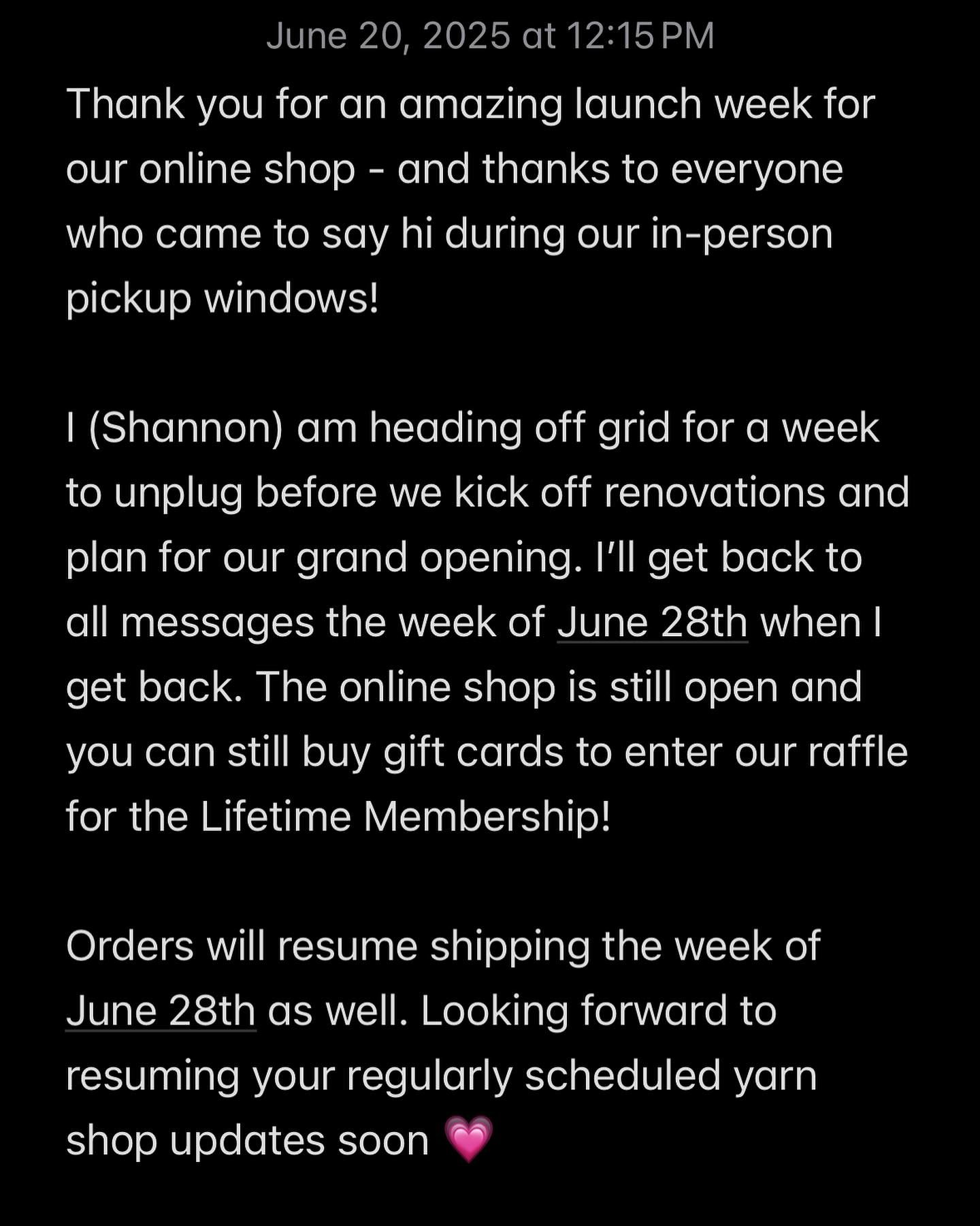FYI 🙏💗 Thank you for an amazing launch week for our online shop - and thanks to everyone who came to say hi during our in-person pickup windows! 

I (Shannon) am heading off grid for a week to unplug before we kick off renovations and plan for our 