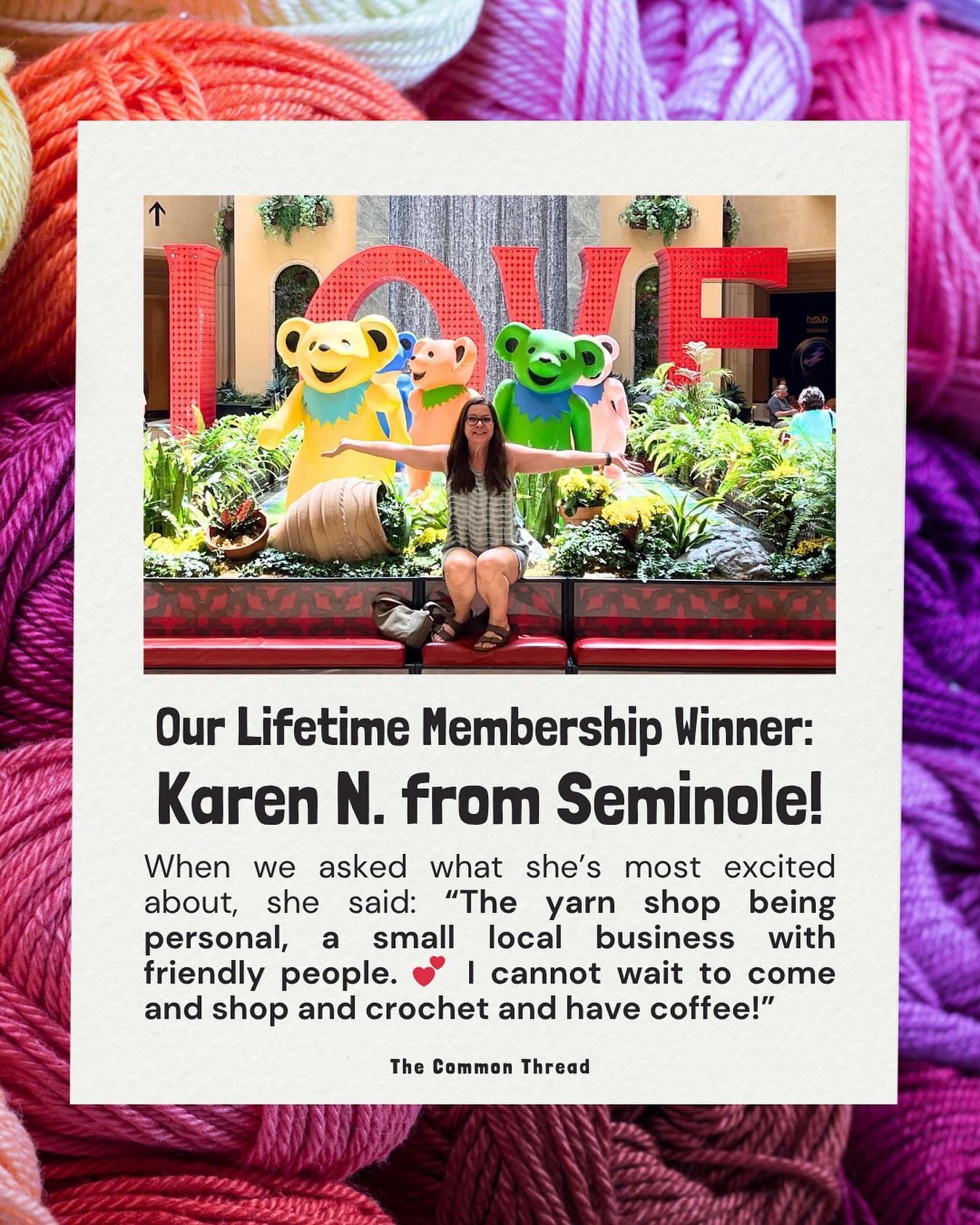 🎉 Say hello to our raffle winner&hellip; Karen N. from Seminole! 🧶💛

Karen is officially our newest Forever Thread Lifetime Member, and we couldn&rsquo;t be more excited to welcome her into the circle!

When we asked what she&rsquo;s most excited 