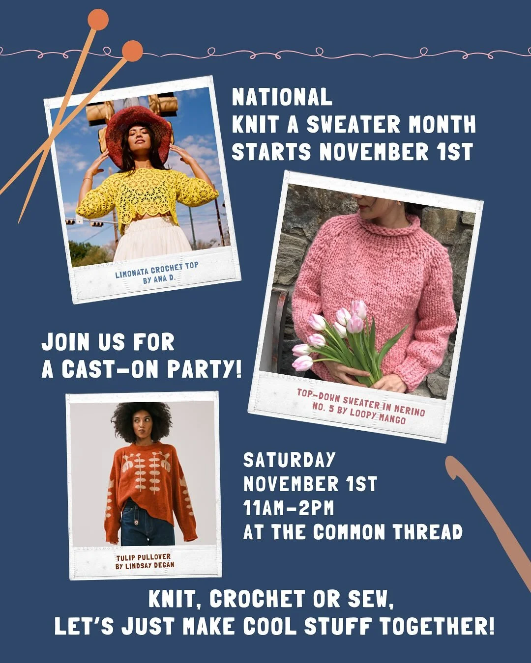 🧶 November is National Knit a Sweater Month, and we&rsquo;re celebrating the best way I know how: together. 💜

Join us on Saturday, November 1st from 11&ndash;2 for a cozy Cast-On Party at The Common Thread! Whether you knit or crochet, this is you