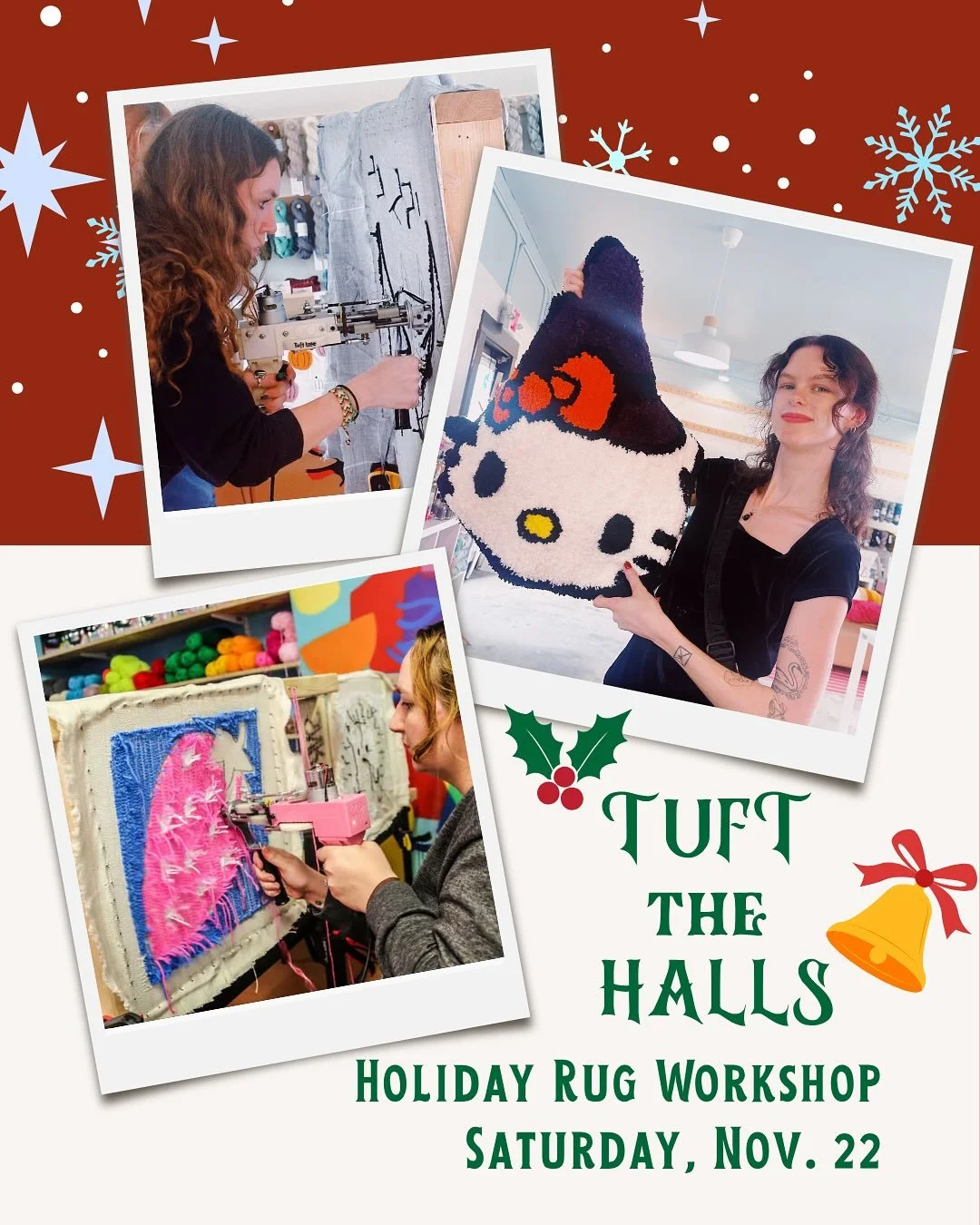 🎄 Tuft the Halls! 🧶
 Back by popular demand after our Halloween edition: our Holiday Rug Tufting Workshop is here to make your season extra cozy (and a little bit silly). 
Choose from 100+ festive designs, from Grinchy grins and glowing leg lamps t