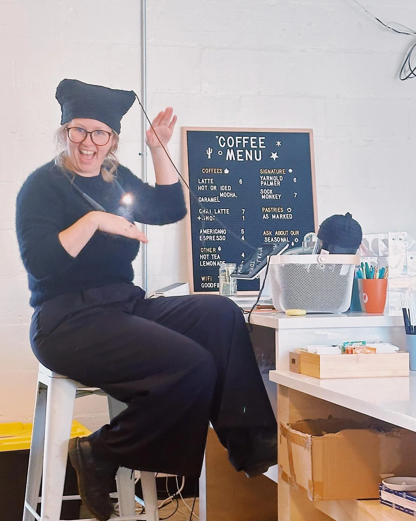 Barista Jen just finished her first hat! 😸

I think she&rsquo;s hooked on crochet&hellip; Welcome to the dark side, Jen. 🧶 😈 🪝 

Btw, Scrappy Hour is on tonight from 6-9pm! Come bring your projects, enjoy a bevvy and make new friends. $10 covers 
