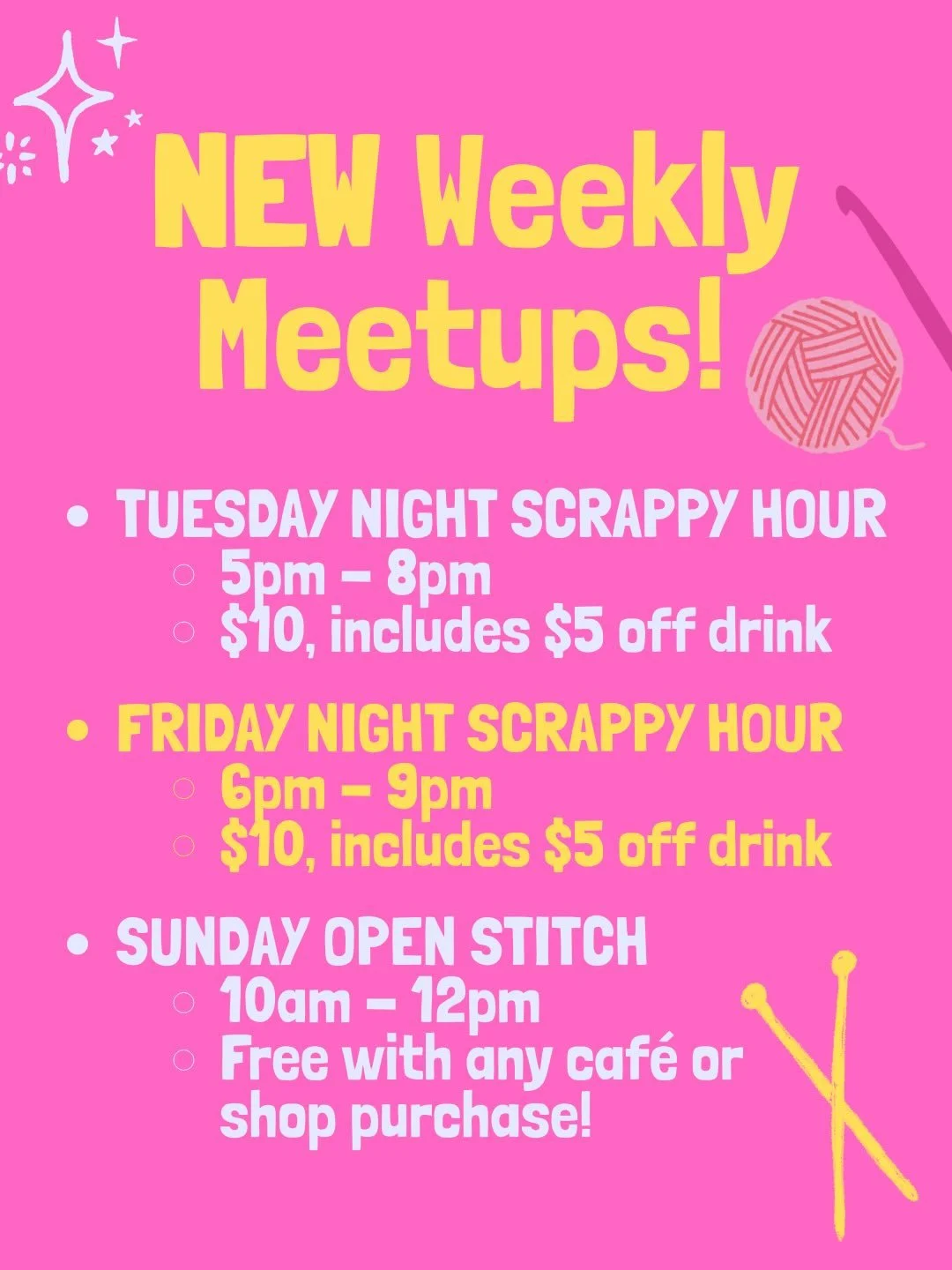 QUICK ANNOUNCEMENT about our Scrappy Hours! 🧶 ✨ 

We are absolutely over the moon with how the community has shown up for our Friday night events! Seriously, there have been Scrappy Hours where we have had to turn people away at the door because we 