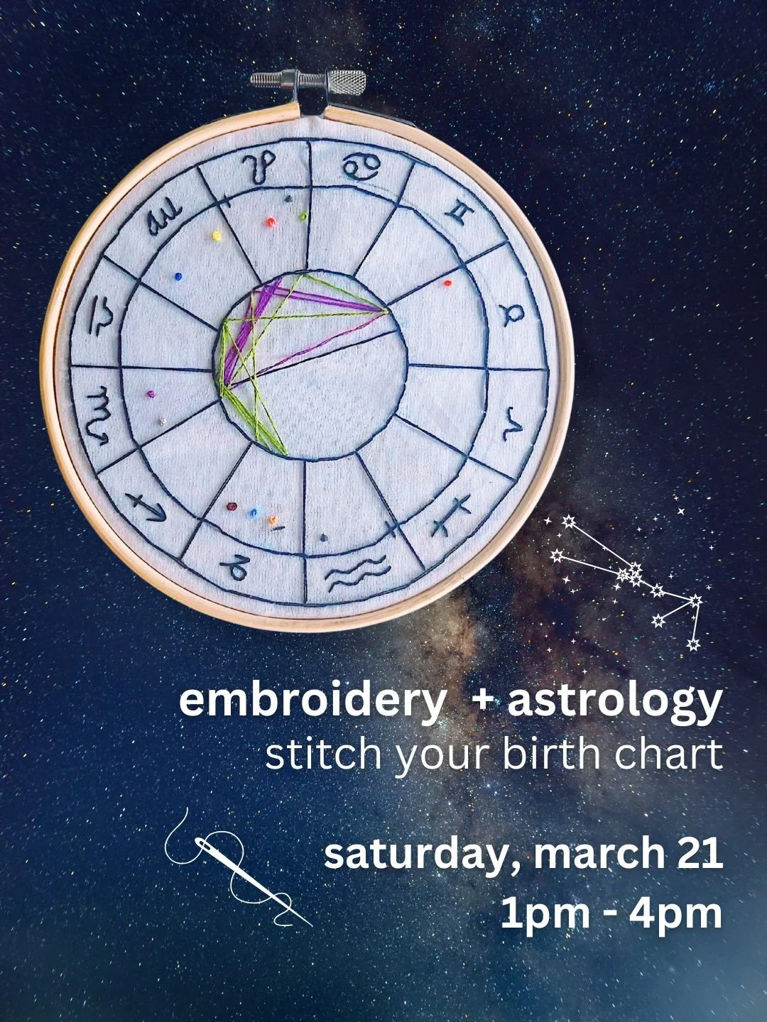 ✨ New class: Birth Chart Embroidery ✨ 
On March 21 (1&ndash;4pm) we&rsquo;re hosting a workshop where fiber art meets the cosmos. 
In this beginner-friendly class, you&rsquo;ll learn a few foundational embroidery stitches while creating a stitched ve