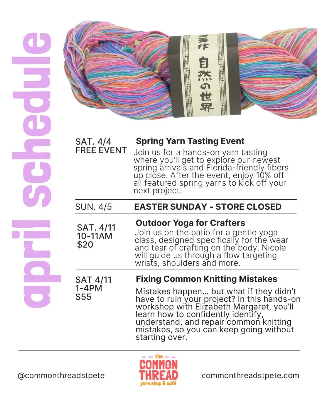 April At The Common Thread 🌷🧶☕️

Longer days, lighter yarns, and a full calendar of ways to hang out, learn something new, and make something with your hands. Here are a few highlights of what&rsquo;s coming up:

✨ Sat 4/4 &mdash; Spring Yarn Tasti