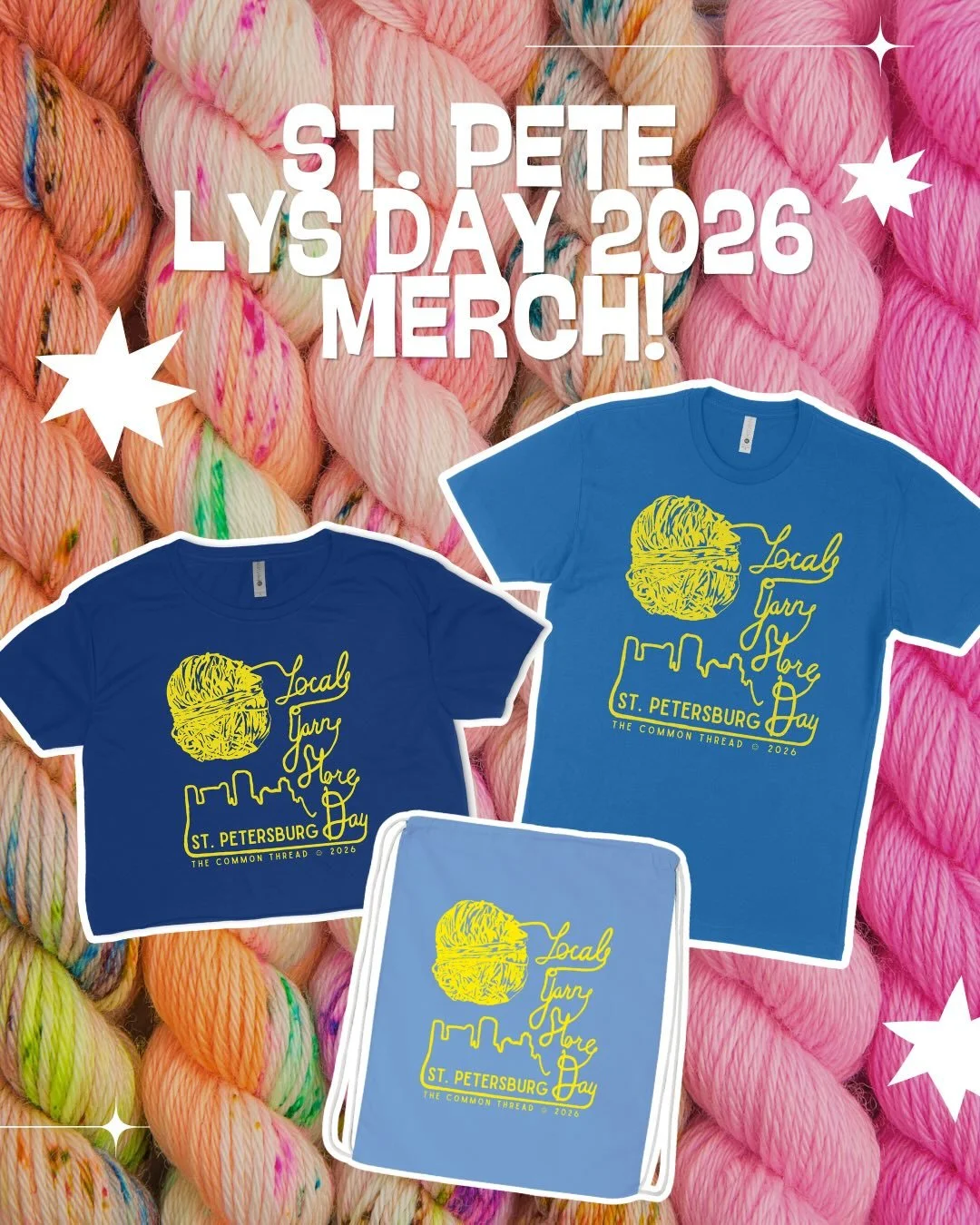 Local Yarn Store Day merch is here!! 🌇 
This year&rsquo;s design was created by our own community member @hanahalilovicc and it&rsquo;s everything we love about St. Pete: our downtown skyline glowing under a giant yellow ball of yarn (hi, Sunshine C