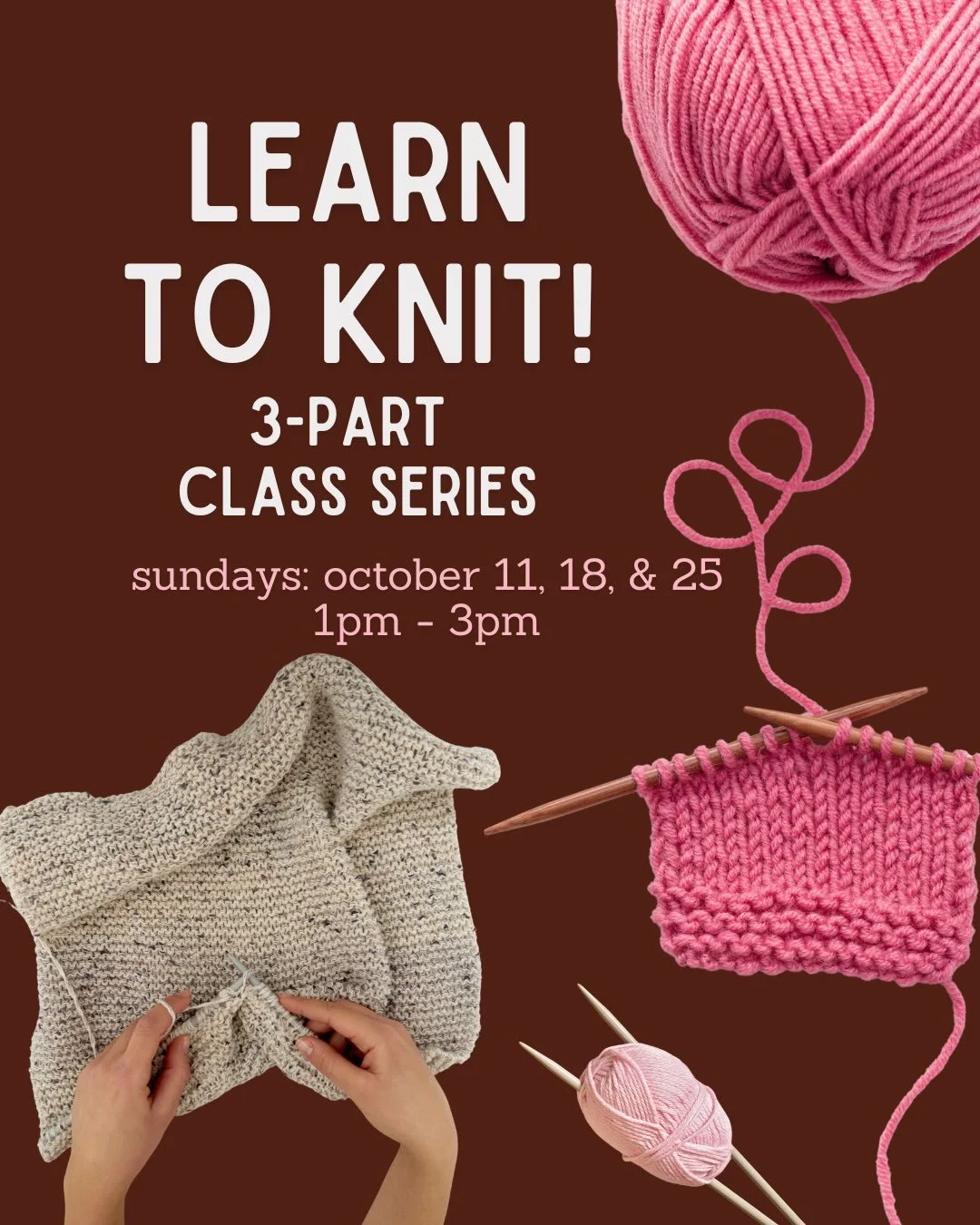 ok who wants to learn how to knit 👀🧶

we&rsquo;re trying out a new 3-part Learn to Knit series this October! three Sundays, all the basics, plenty of time to practice + ask questions.

10/11, 10/18 + 10/25 &bull; 1&ndash;3pm $75 for all three class