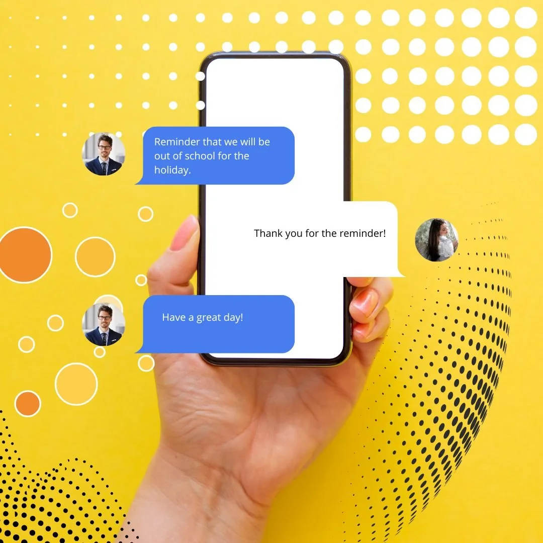 Hand holding smartphone displaying a text message conversation about a school holiday reminder, with a bright yellow background featuring various dots and circles.