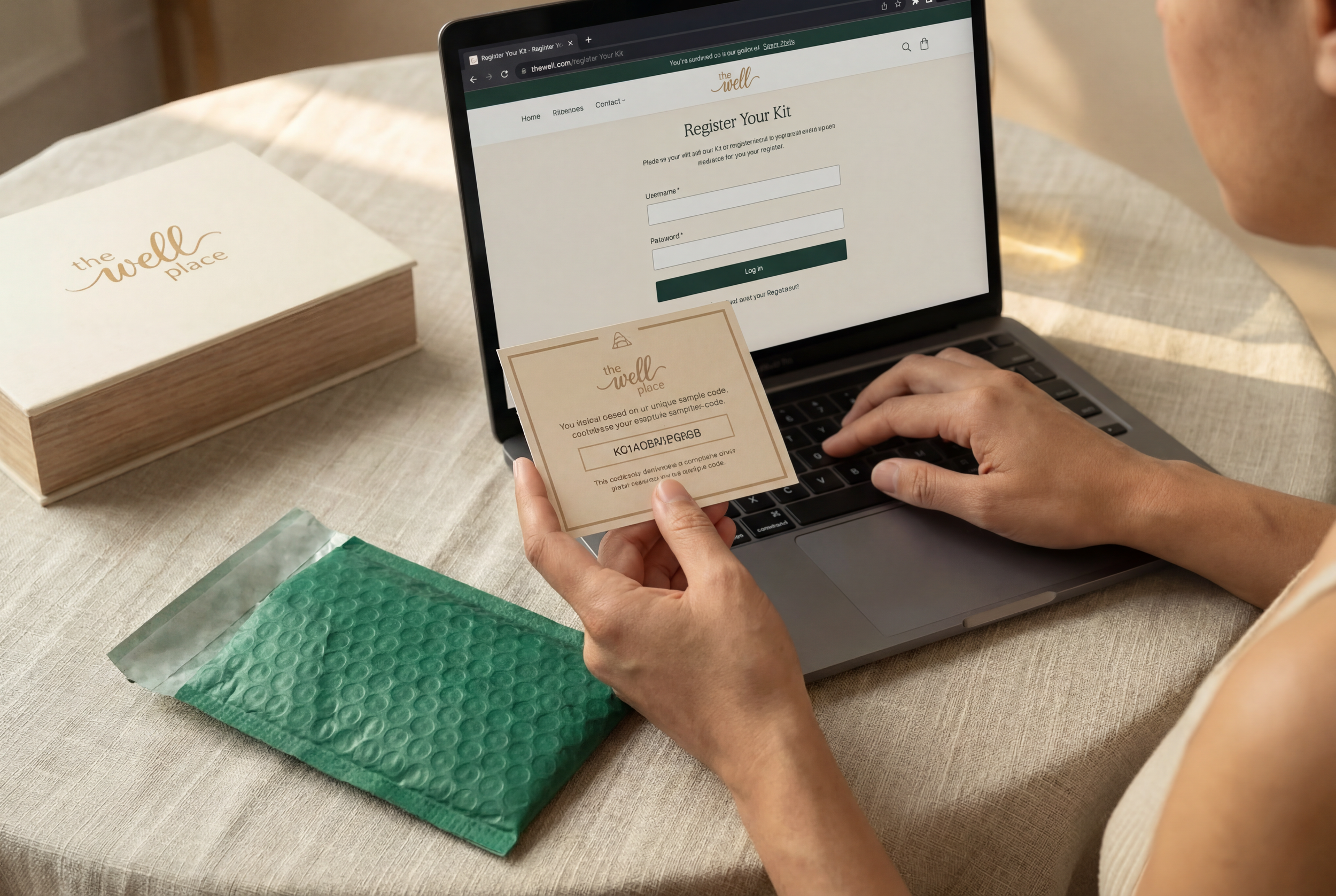 A person registers a kit online on a laptop, holding a sample code card in their hand. The scene includes a notebook with the logo 'the well place,' a green bubble mailer, and a beige tablecloth.