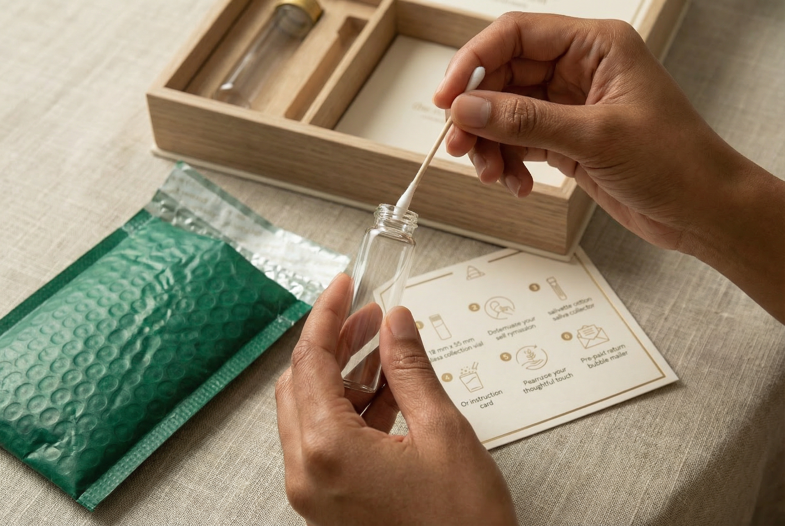 Person using a cotton swab to extract a sample from a small vial, with instructions and a green bubble wrap package on a beige surface, an open wooden box in the background.