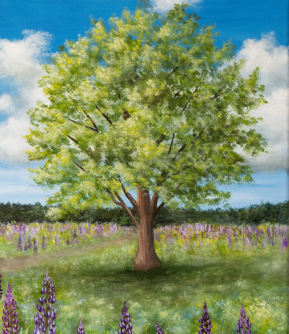 Original acrylic landscape painting featuring three brown and white cows resting in a green grass field with purple and pink lupine flowers in the foreground under a bright blue sky with white clouds.
