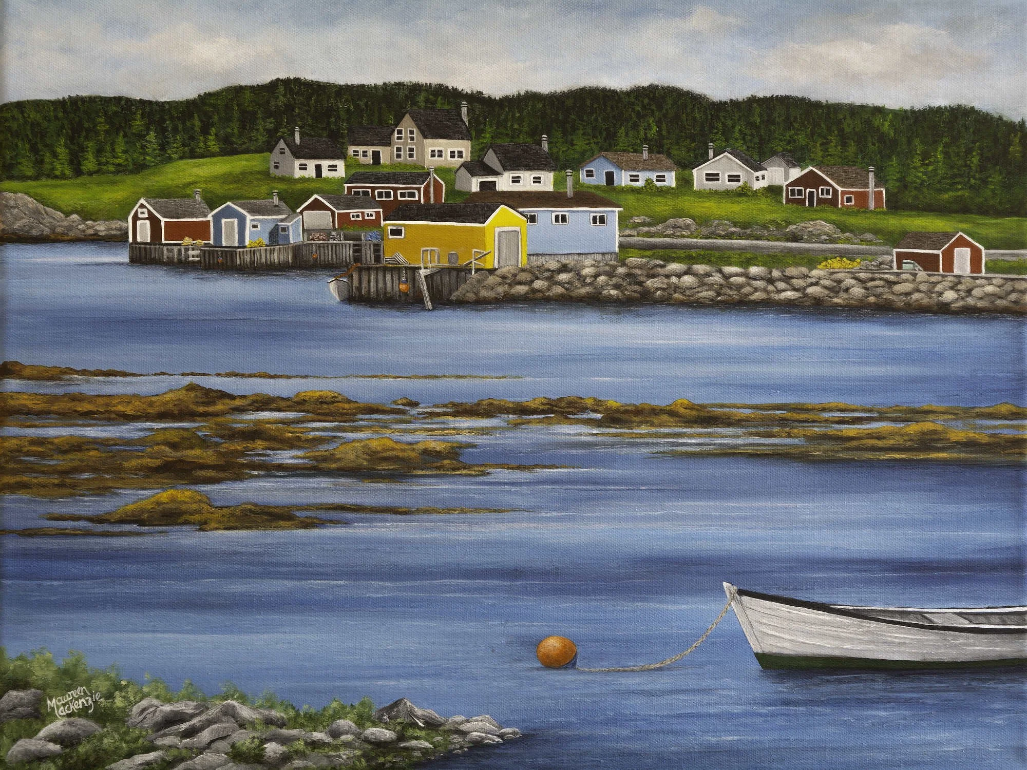 A print by Maureen MacKenzie featuring a colourful coastal newfoundland village, calm blue waters, seaweed flowing over rocks and a white fishing skiff moored to an orange fishing buoy..