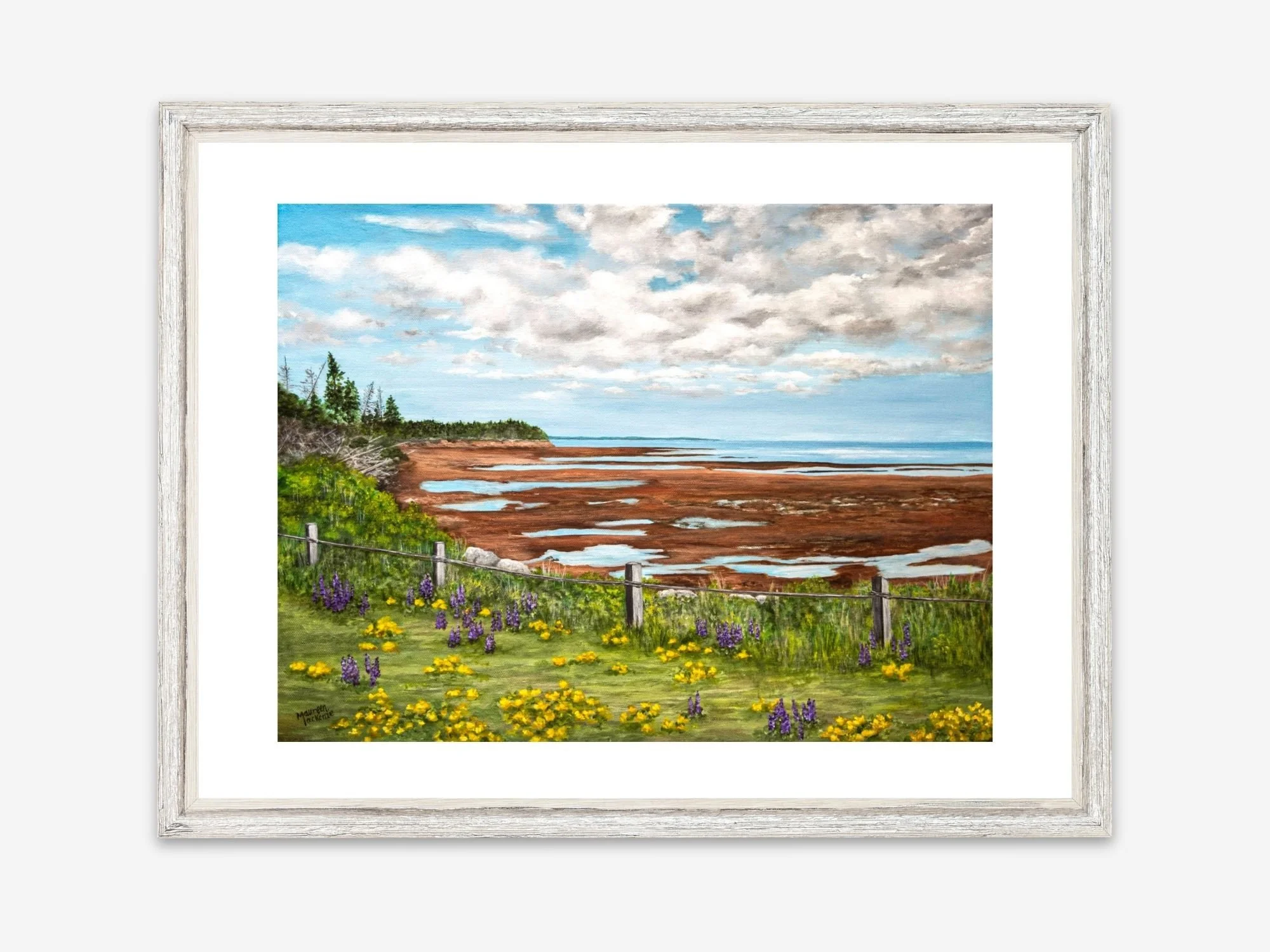 A print of an acrylic painting by Maureen Mackenzie of Prince Edward Island shoreline with red sand, tidal pools, and wildflowers in the foreground under a partly cloudy sky.